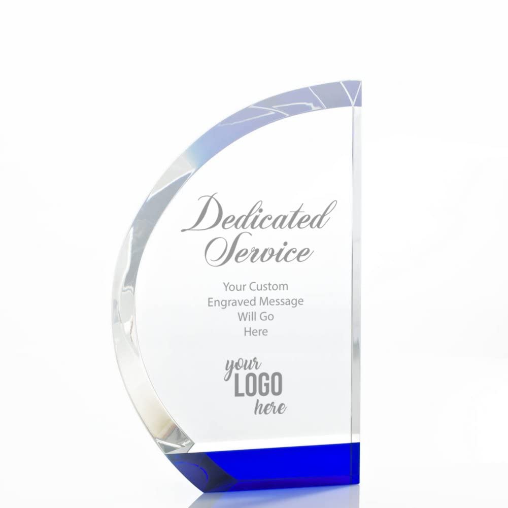 Baudville Engraved Crystal Trophy with Blue Base - Custom Employee Award - Personalized Engraving - Gift Box Included - Perfect for Corporate Recognition, Milestone Celebrations & Team Appreciation Events