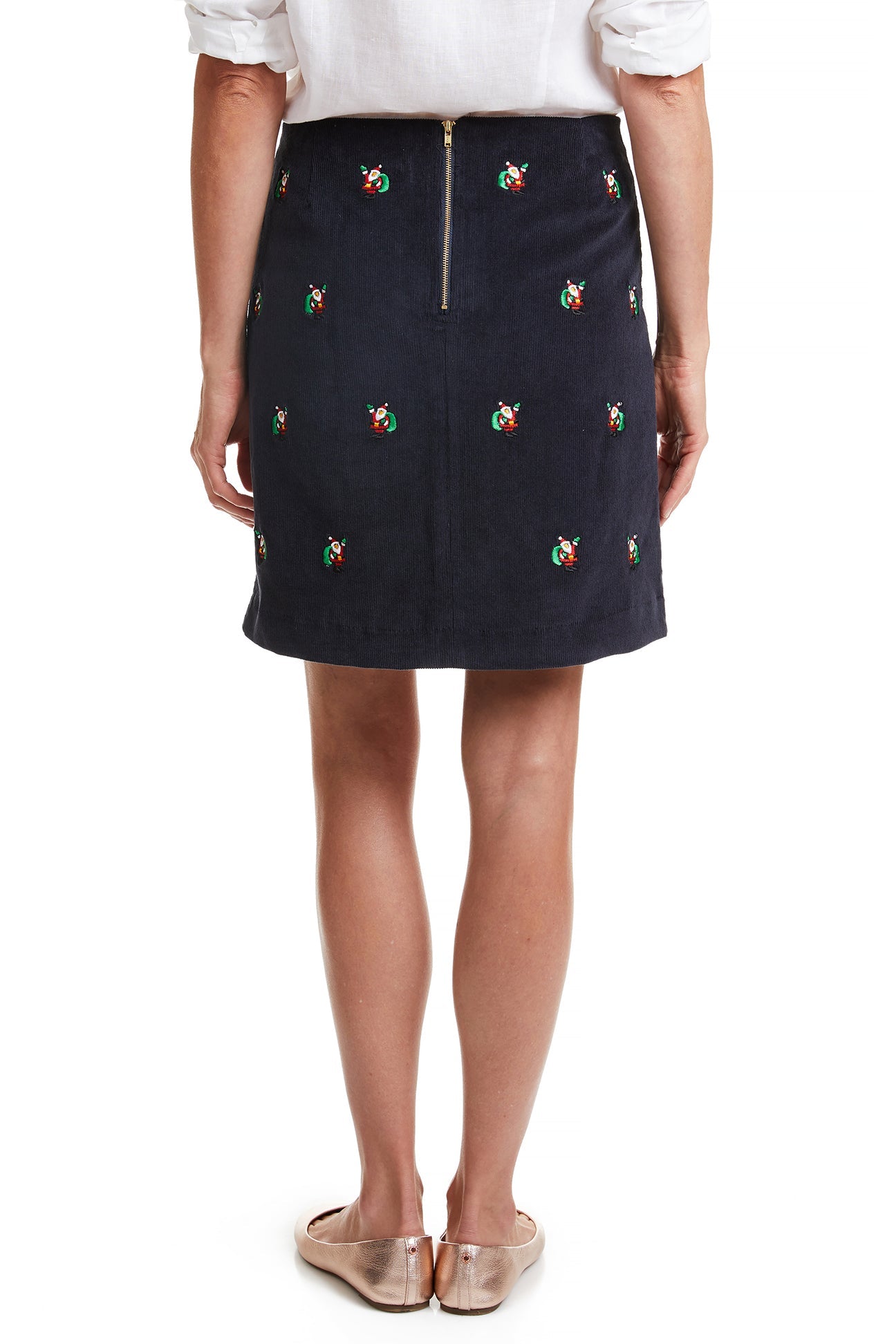 Women's Corduroy Mini Skirt - Nantucket Navy with Santa Print | Casual Winter Fashion for Holiday Parties & Christmas Outfits