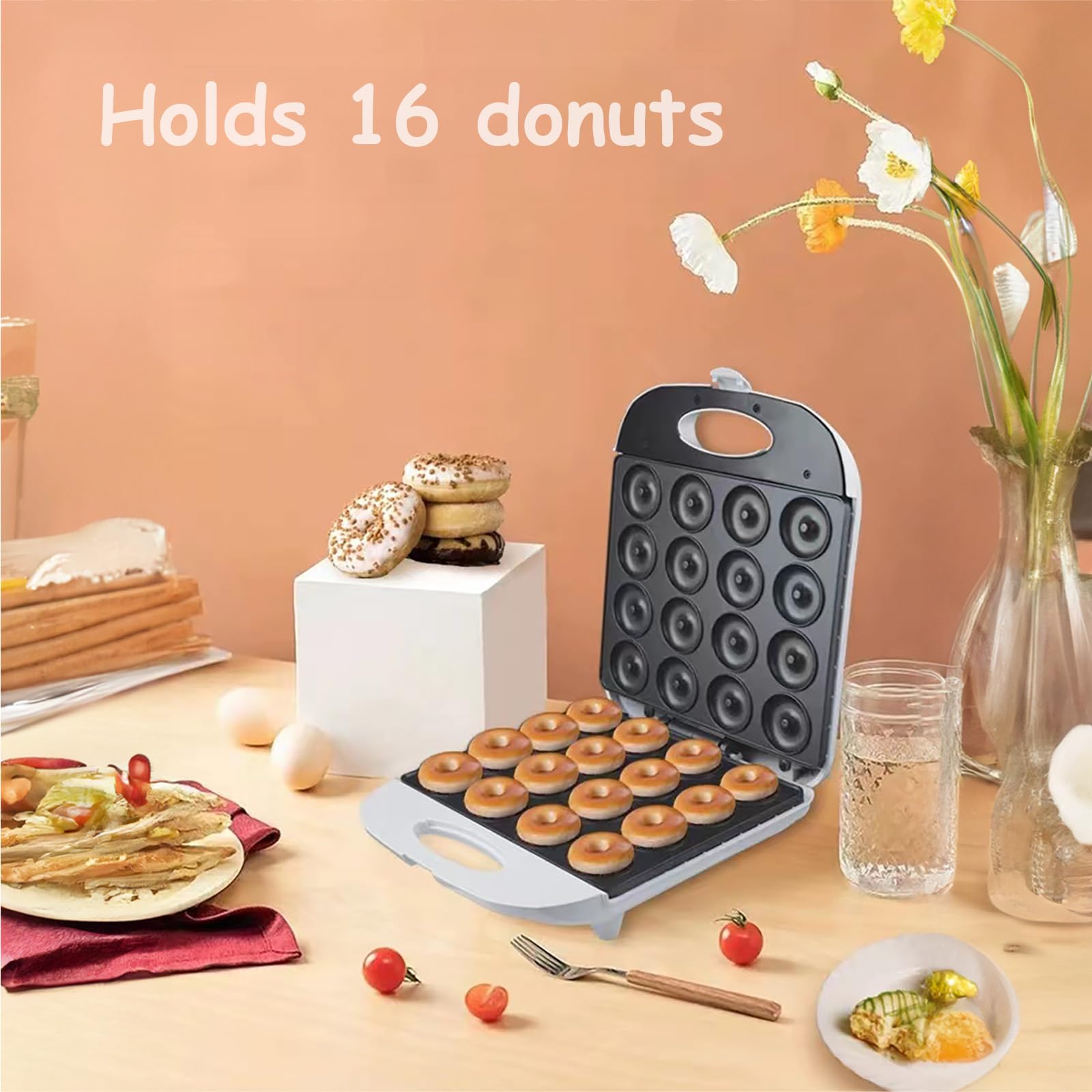Mini Donut Maker Machine 1400W - 16 Donut Capacity, Dual-Sided Heating, Non-Stick Coating - Perfect for Home Baking, Family Gatherings & Dessert Shops (White) | Make Fresh Donuts for Parties, Breakfast & Snacks