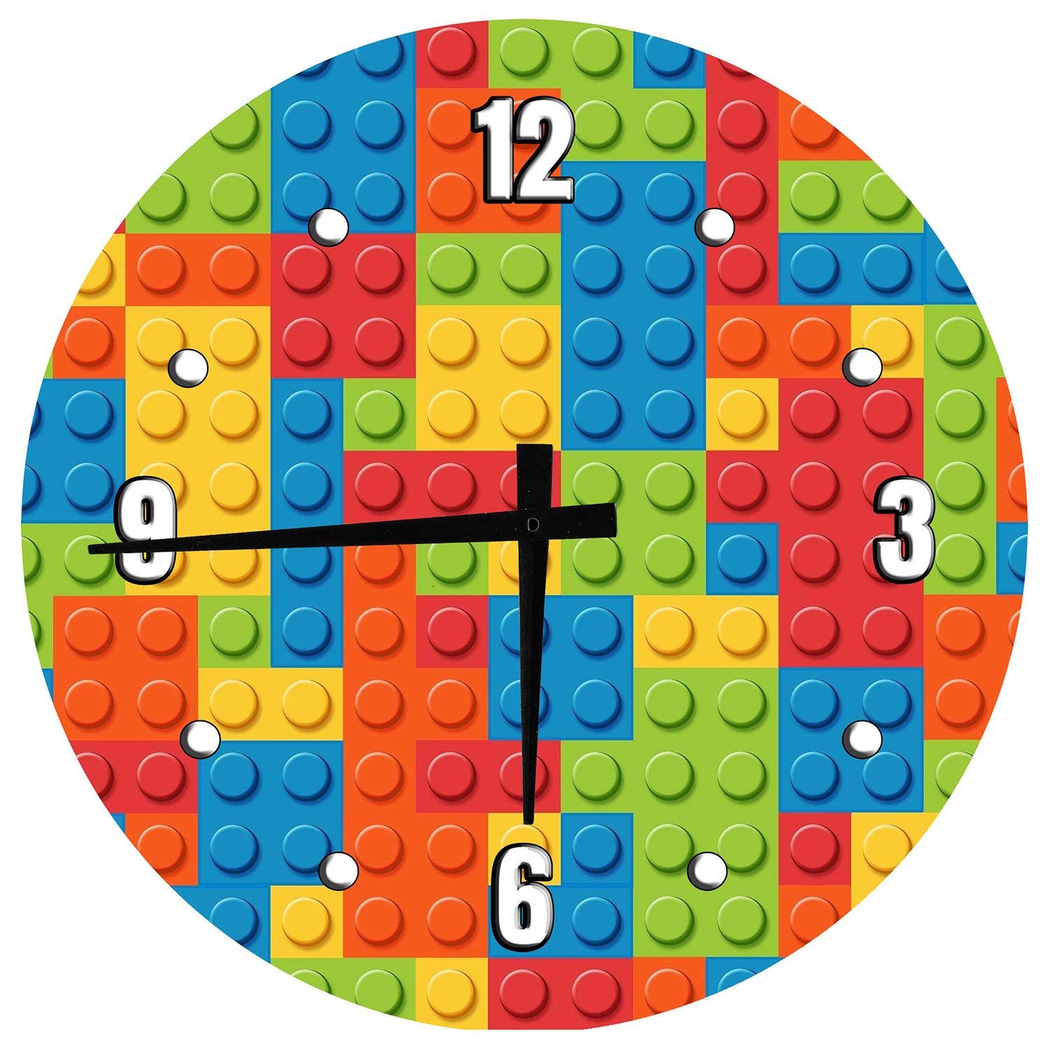 Large 18 Inch Round Wood Wall Clock - Kids Room Decor, Plastic Building Brick Design, Unique Wall Art for Playroom, Bedroom & Nursery