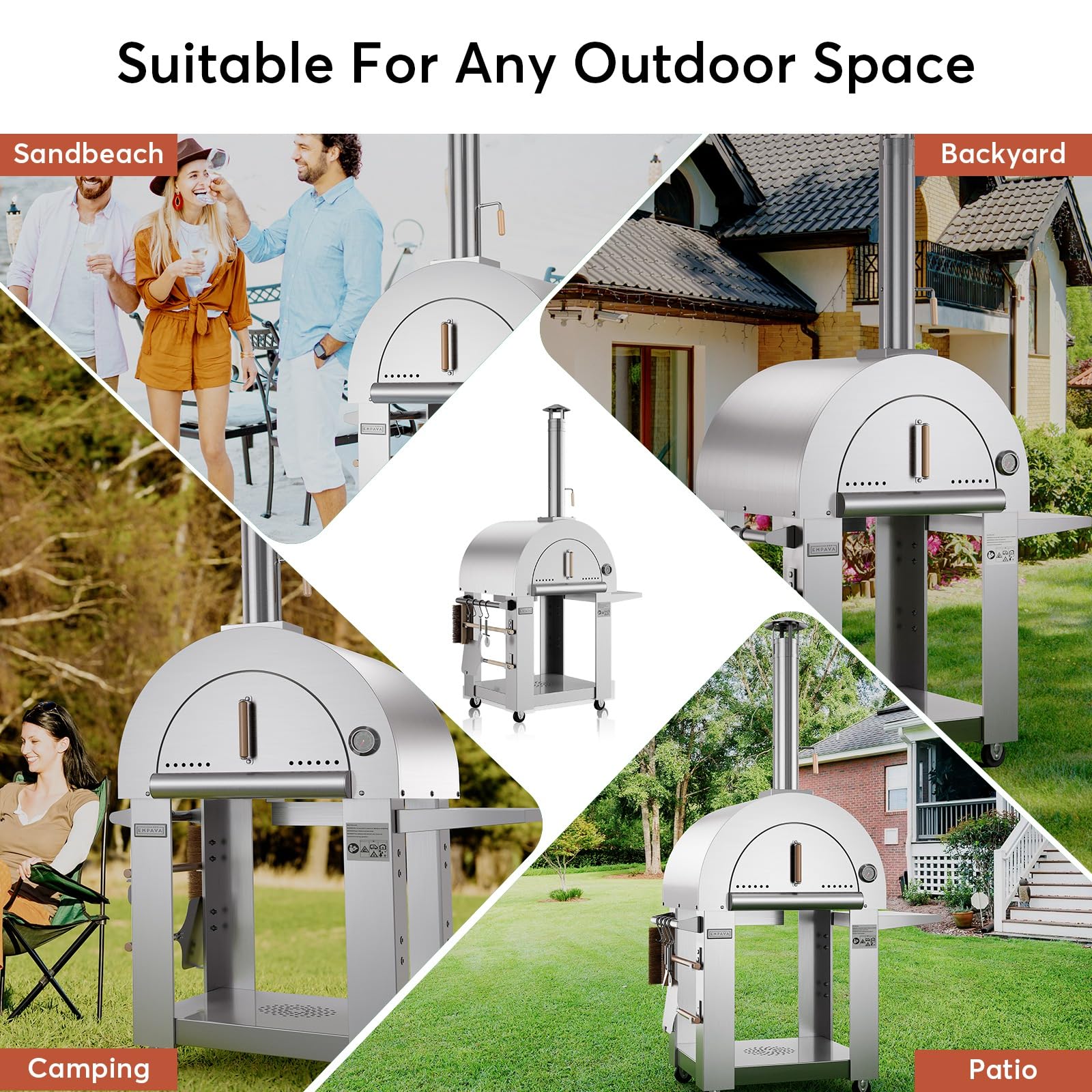 Empava 46 Inch Stainless Steel Wood Fired Pizza Oven with Wheels & Side Panel - Outdoor Kitchen, Backyard Party, Camping & Grill Accessories - Freestanding Silver Design for Patio, Garden & Tailgating