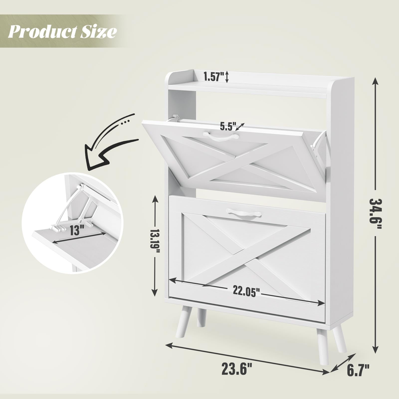 SOLAURA White Shoe Storage Cabinet with 2 Flip Drawers - Freestanding Entryway Shoe Rack Organizer with Wooden Legs (Medium Size) | Perfect for Closet, Bedroom, and Hallway Organization