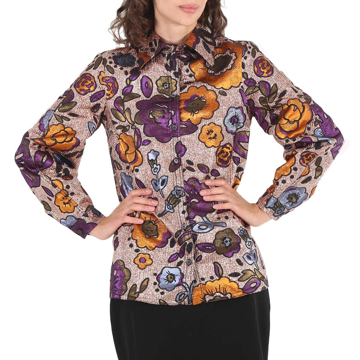 Burberry Lame Floral Jacquard Sculptured Sleeve Shirt for Women | Luxury Designer Blouse | Perfect for Office Wear, Cocktail Parties & Special Occasions