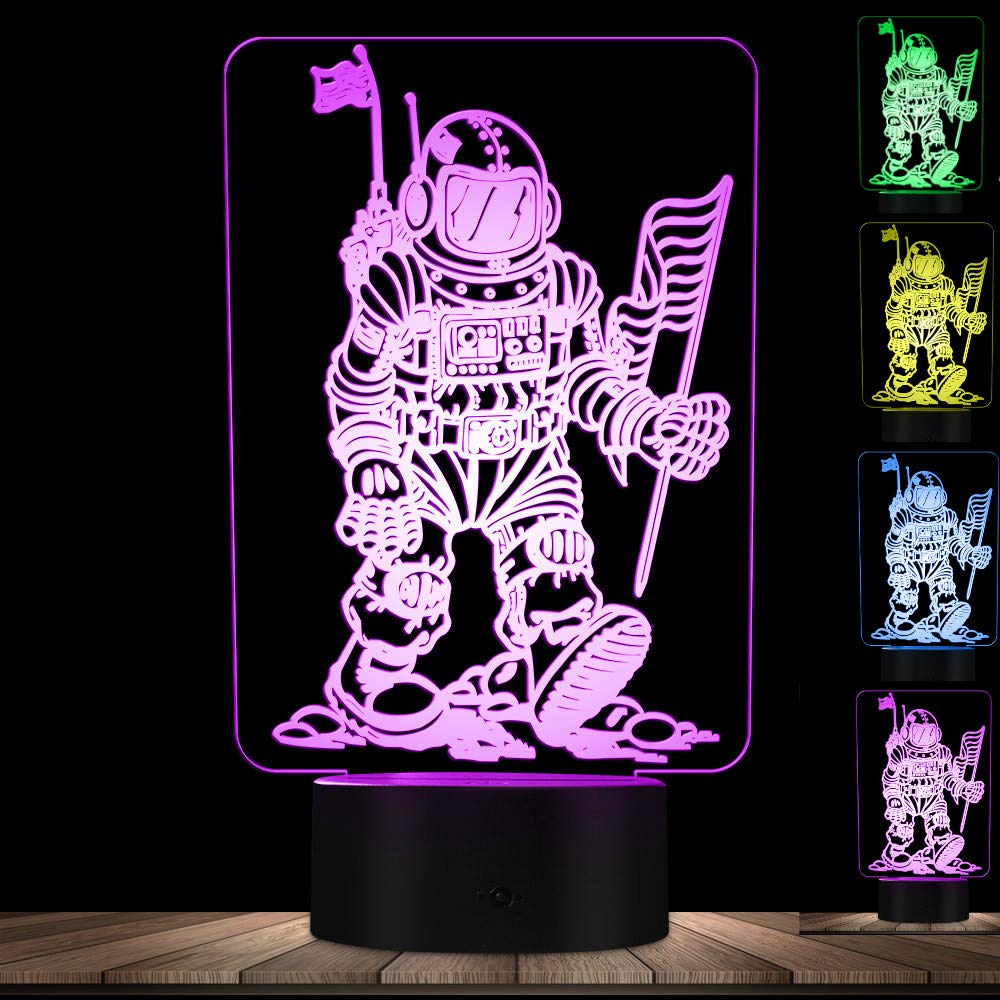 3D Astronaut Night Light Lamp - 7 Color Changing LED Illusion Lamp with Touch Switch, USB Powered, Acrylic Flat ABS Base - Perfect for Kids Room, Bedside Table, Home Office Decor & Gift Idea