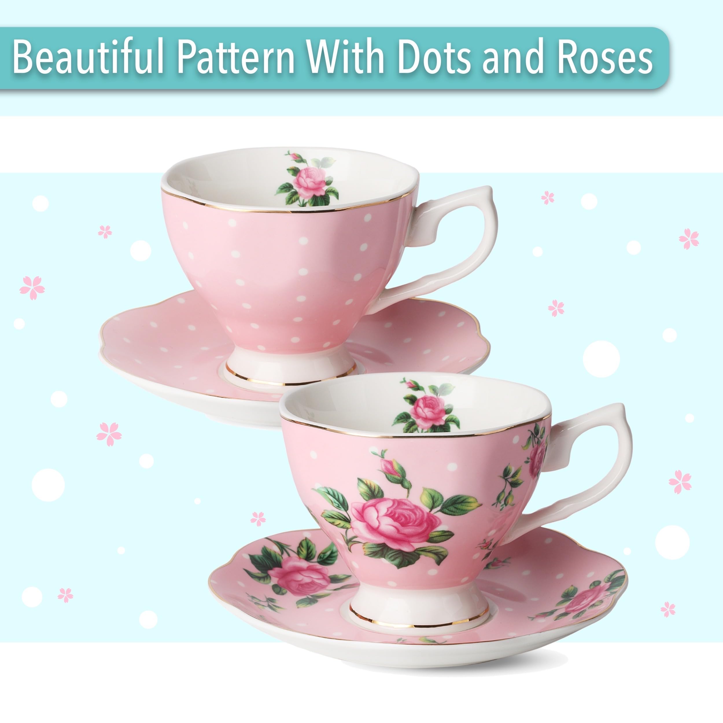 BTaT Floral Tea Set - 8oz Tea Cups, 38oz Teapot, Creamer & Sugar Bowl with Gift Box | Elegant Porcelain Tea Service for Women & Adults | Perfect for Afternoon Tea, Bridal Showers & Housewarming Gifts