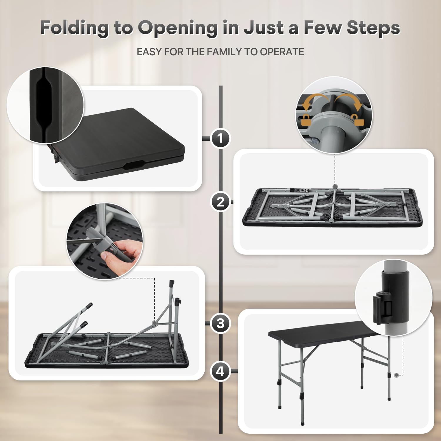 4ft Square Folding Table - Portable Plastic Card Table with Handle for Indoor & Outdoor Use | Collapsible Utility Dining Table Perfect for Parties, Camping, Picnics, BBQs & Home Events (Black)