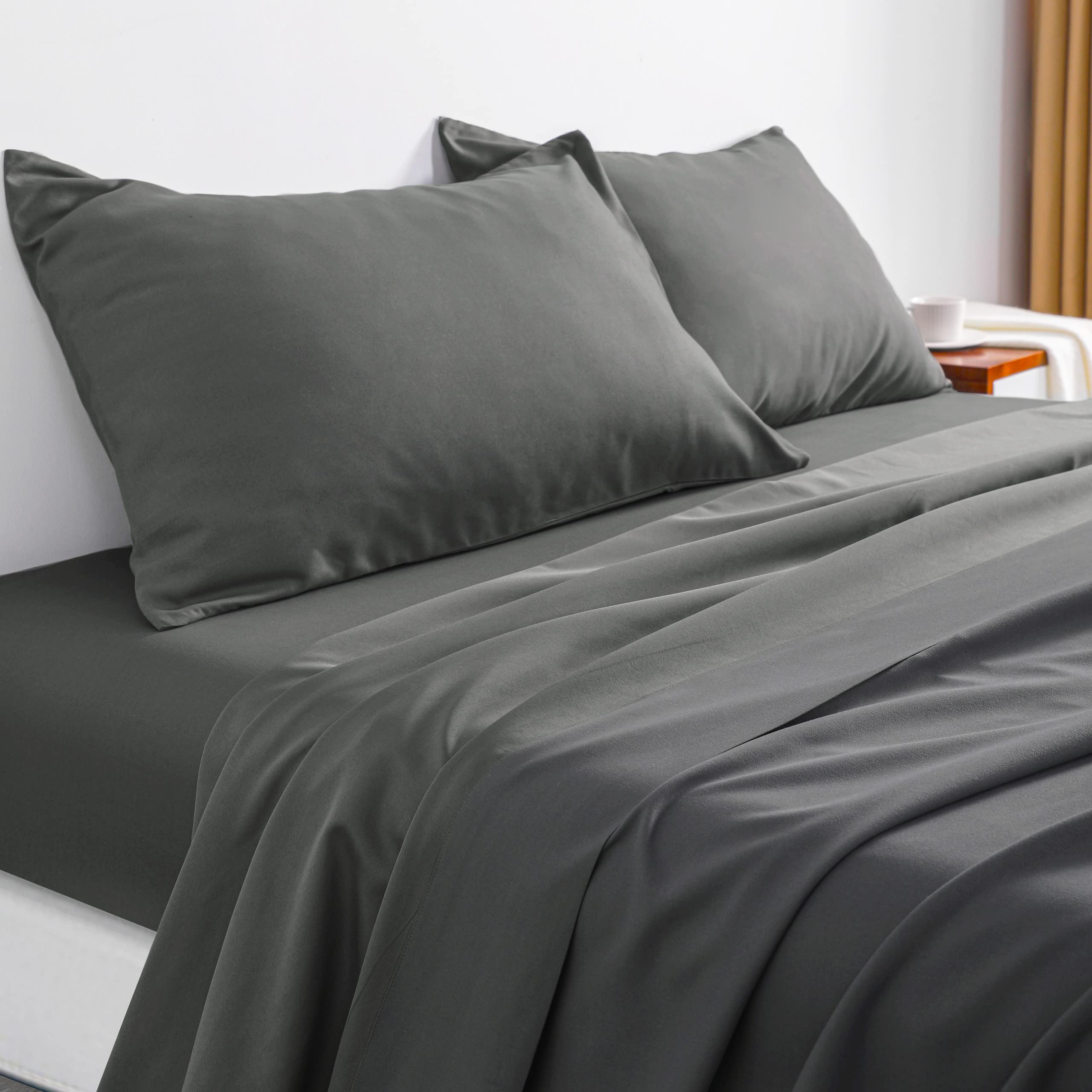 NTBAY 4-Piece 100% Microfiber California King Size Bed Sheet Set - Ultra Soft 1800 Thread Count, Wrinkle & Fade Resistant, Stain Proof Deep Pocket Fitted Sheets (1 Flat Sheet, 1 Fitted Sheet, 2 Pillowcases) in Dark Grey - Luxury Bedding for Master Bedroom & Guest Room