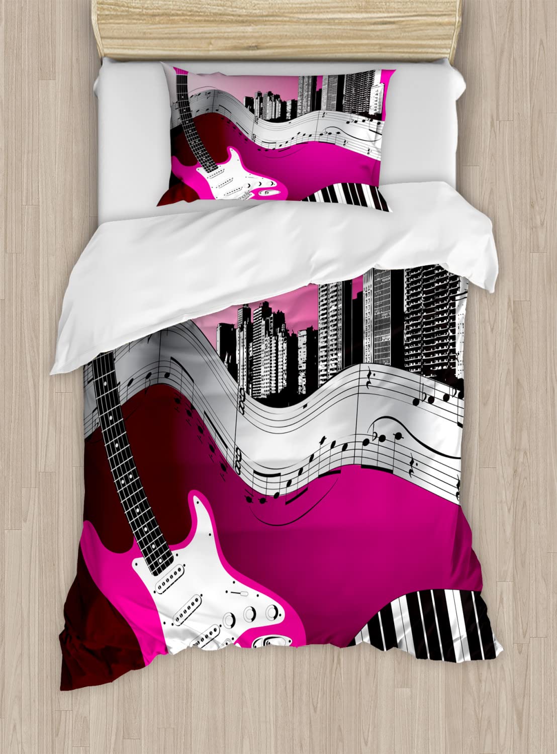 Ambesonne Music Themed Duvet Cover Set - Bass Guitar Keyboard Urban Rock Design with City Rhythm Illustration, 2-Piece King Size Bedding Set Includes 2 Duvet Covers & 4 Pillowcases in Hot Pink, Pale Grey & Black | Perfect for Music Lovers' Bedrooms, Teen Rooms & Rock-Themed Decor