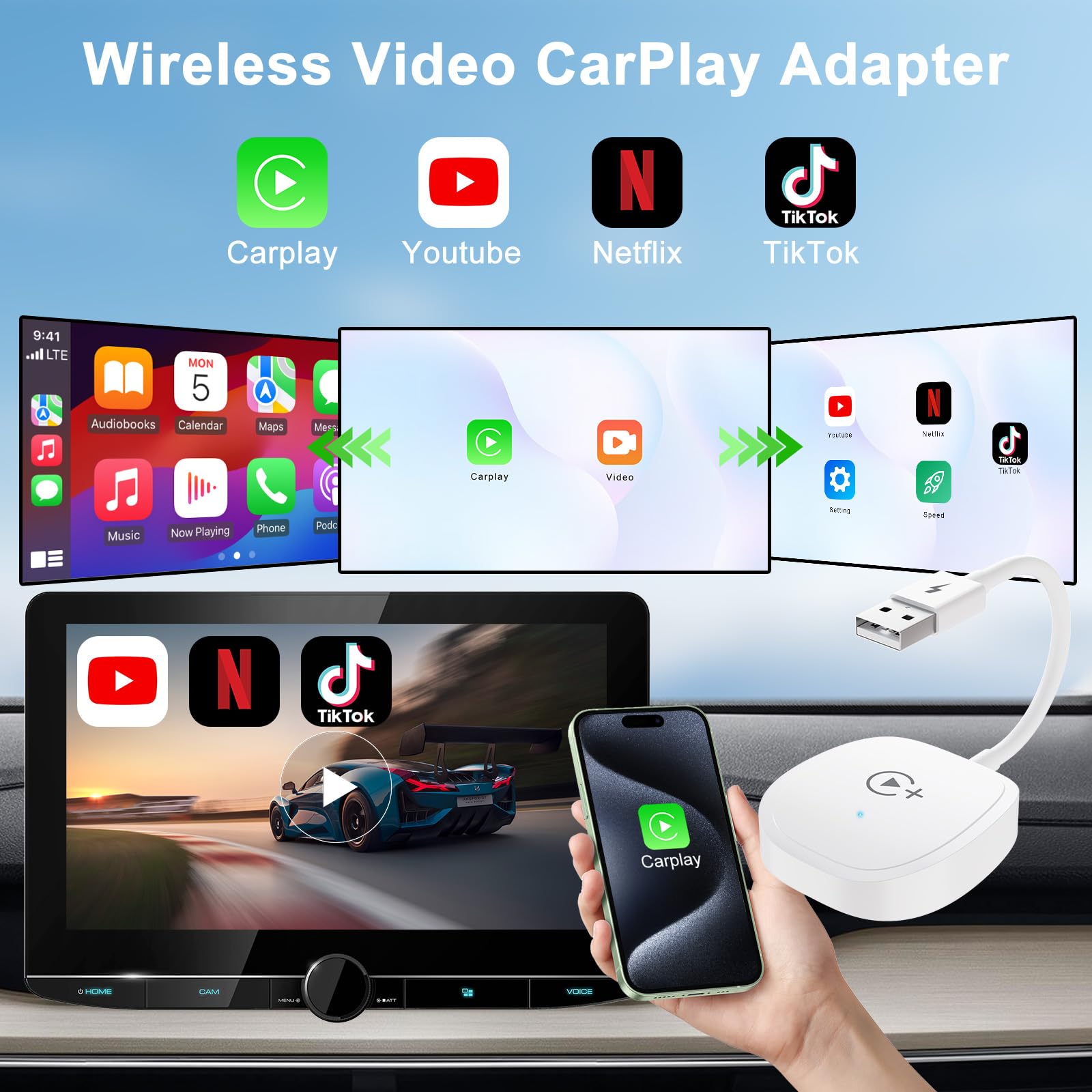 Wireless CarPlay Adapter for iPhone - Seamless Auto Connect, Zero Delay, Compatible with All OEM Wired CarPlay Cars (White) | Enjoy YouTube, Netflix & TikTok on Your Car Screen for Safer Driving & Entertainment