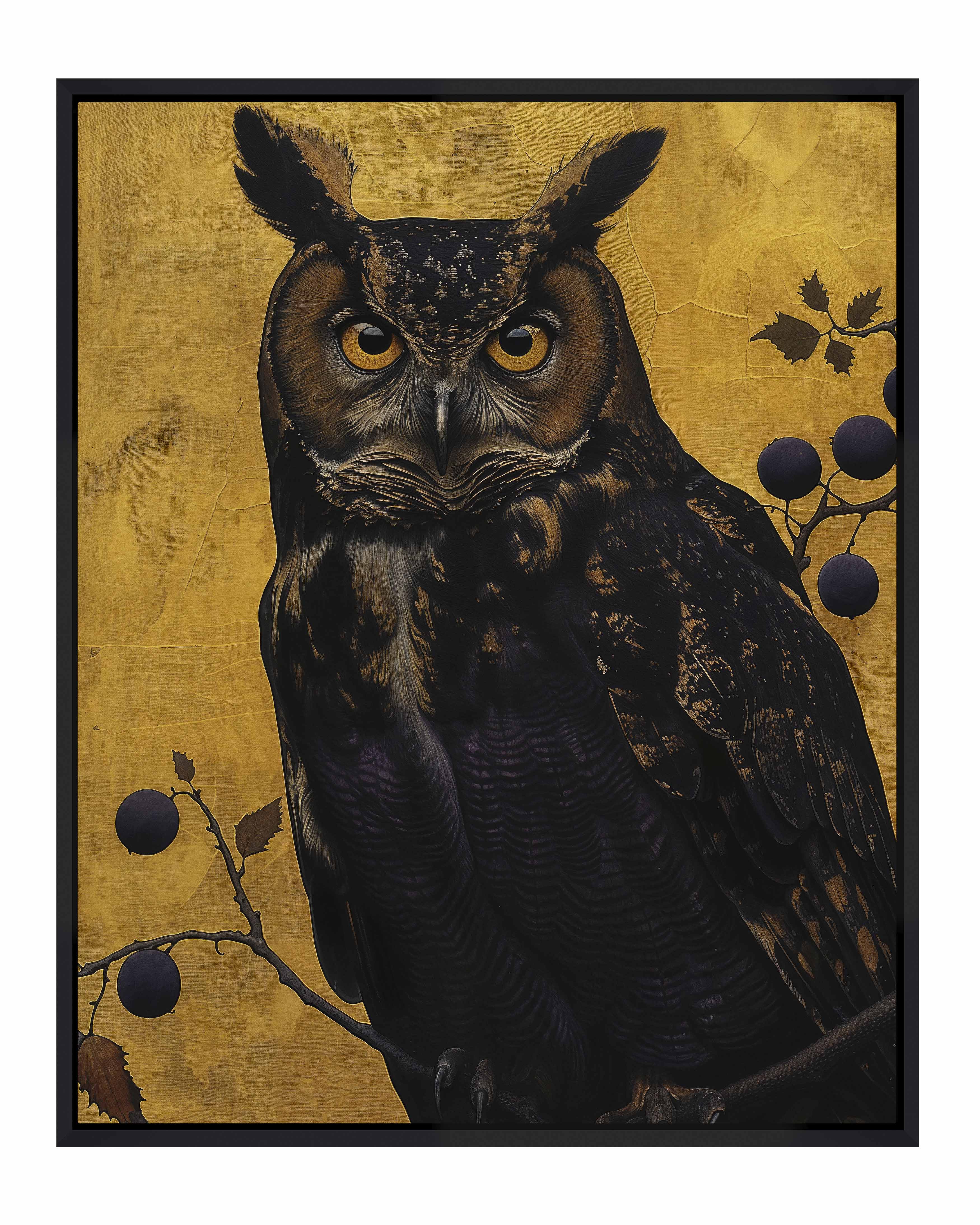 Golden Gaze Great Horned Owl Among Berries - Premium Gallery Wrapped Canvas Wall Art for Home & Office Decor - Perfect for Living Room, Bedroom or Study