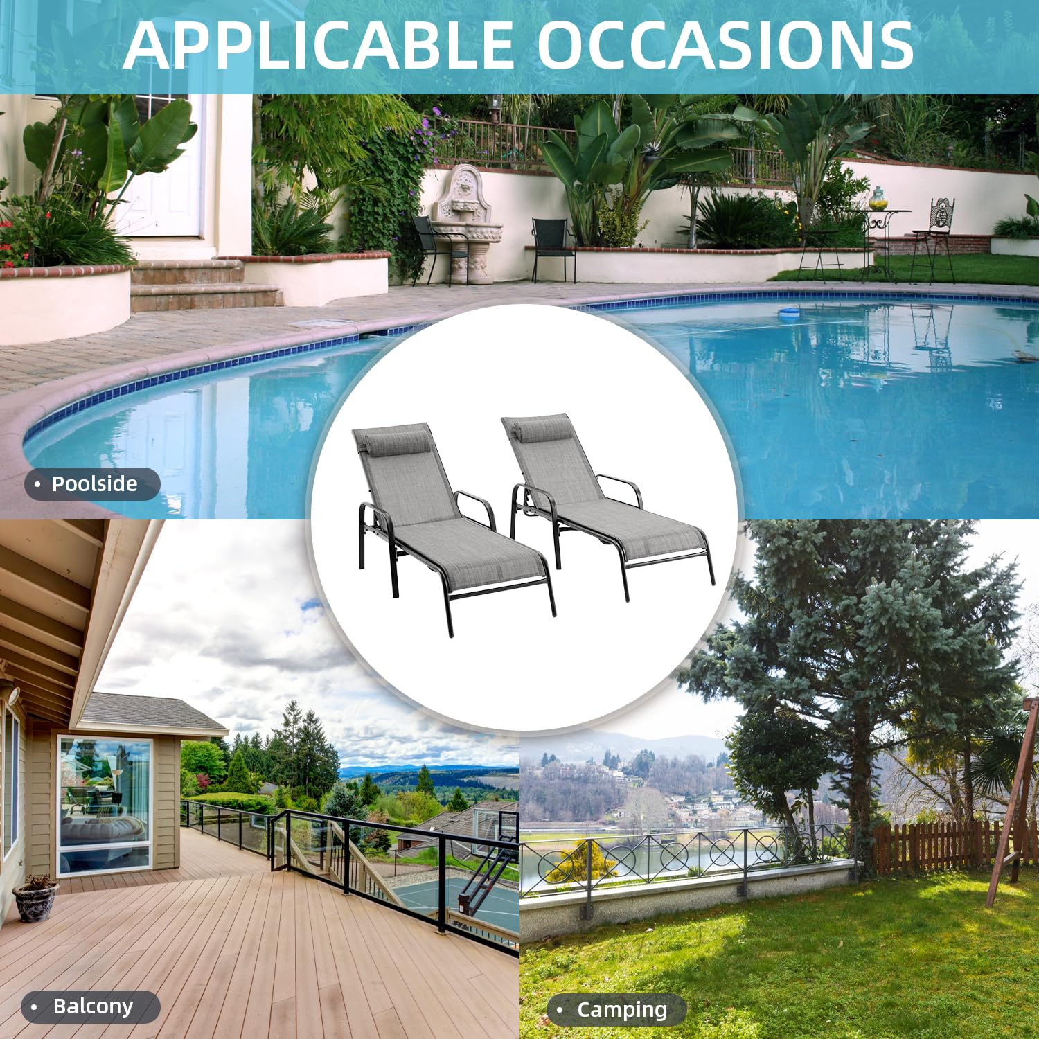 EROMMY Patio Chaise Lounge Set of 2 - Grey Outdoor Lounge Chairs for Poolside, Garden & Backyard Relaxation | Weather-Resistant Patio Furniture