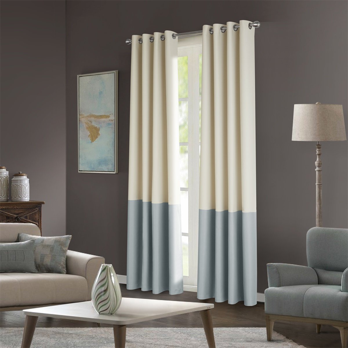 Dreaming Casa Color Block Blackout Curtains - Light Reducing Window Treatment, Grommet Top Panels (Ivory & Light Grey, 2 Panels, 100