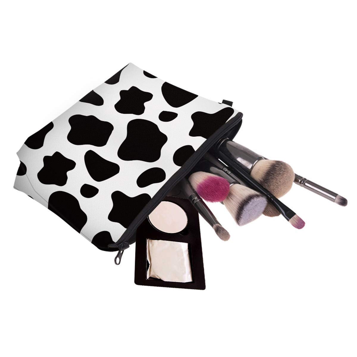 FITINI Small Travel Makeup Bag for Women - Waterproof Cosmetic Organizer Pouch with Zipper, Portable Toiletry Storage Case for Girls (White Cow Print) - Perfect for Travel, Gym, and Daily Essentials Organization