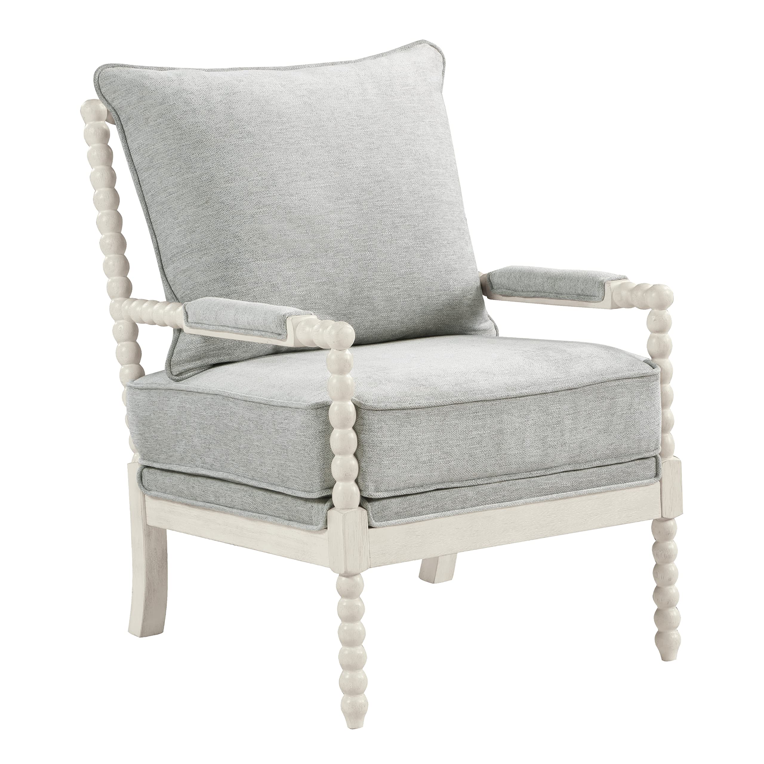 OSP Home Furnishings Kaylee Spindle Accent Chair - Antique White Wood Frame with Smoke Grey Fabric Upholstery | Living Room, Bedroom, Office Decor | Comfortable Reading Chair for Home