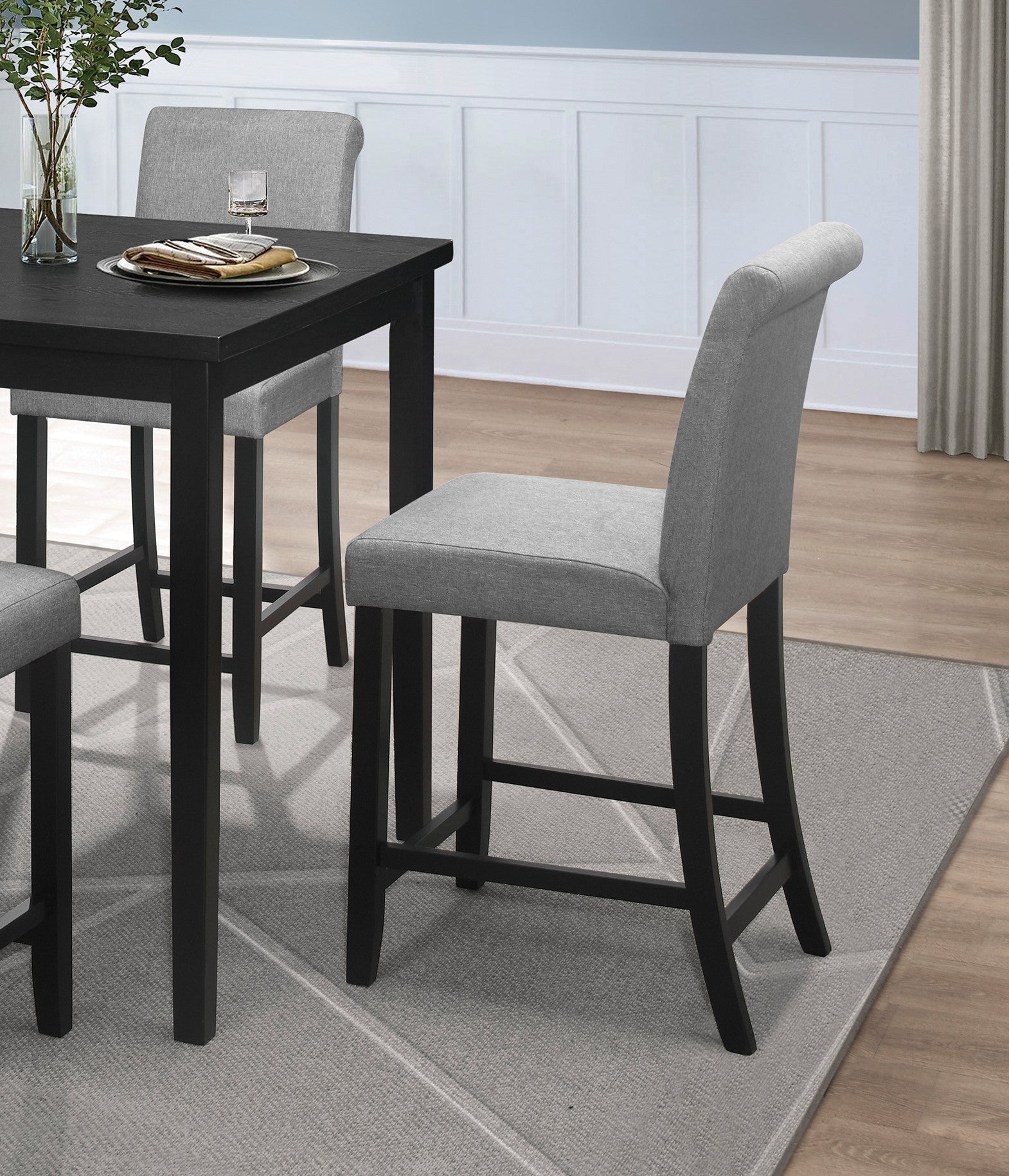 2-Pack Black Counter Height Chairs with Gray Upholstered Seat & Back - Transitional Wooden Bar Stools for Kitchen, Dining Room, and Breakfast Nook