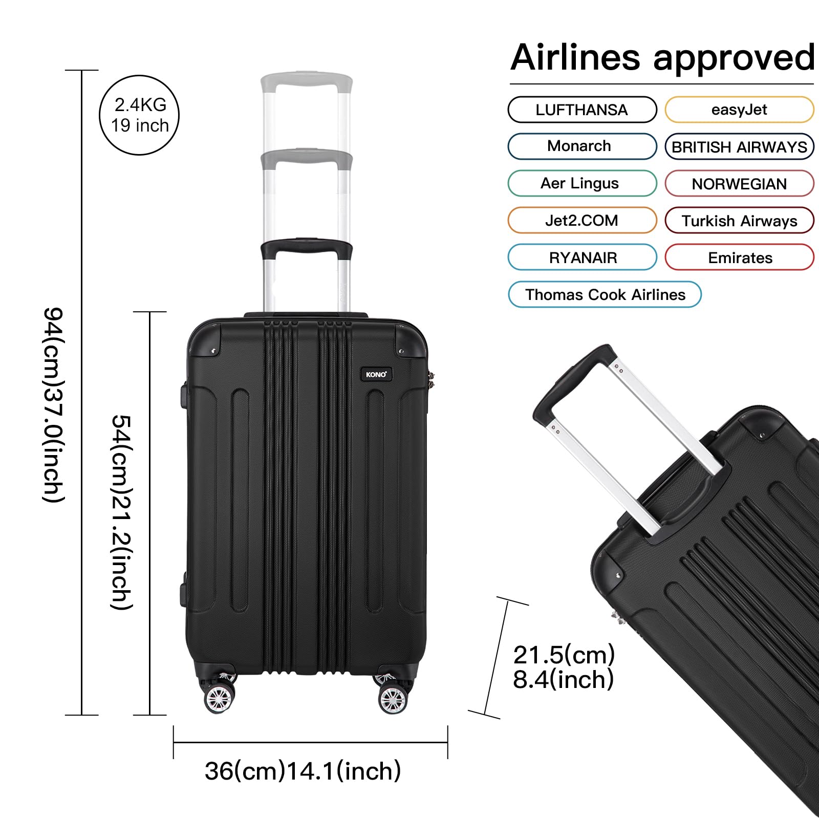 Kono 55x35x20cm ABS Hard Shell Carry-On Luggage - 33L Cabin Approved Travel Suitcase with Wheels (Black) | Perfect for Airplane, Business Trips & Weekend Getaways