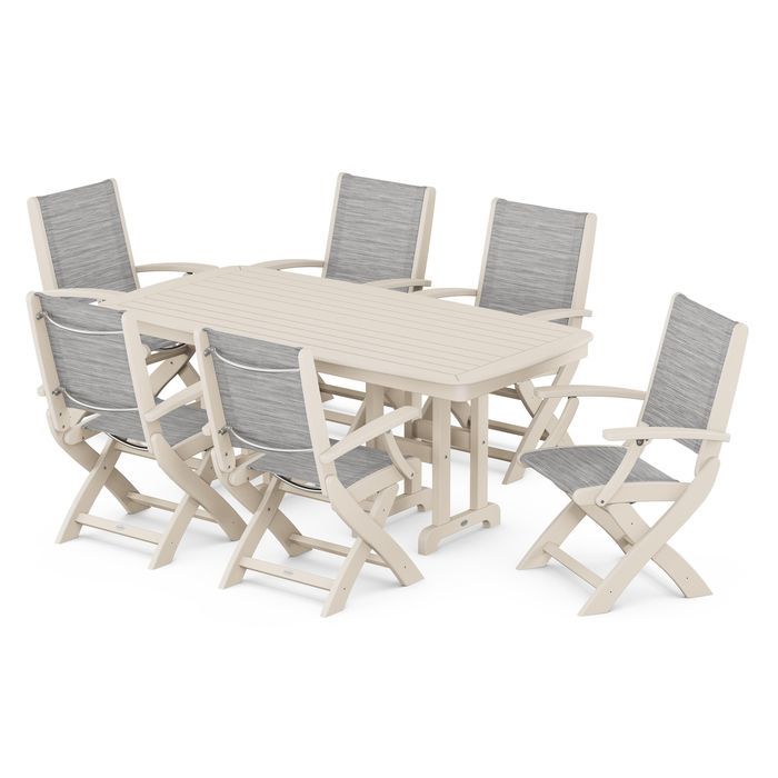 POLYWOOD Coastal Folding Arm Chair 7-Piece Outdoor Dining Set - Perfect for Patio, Deck, Poolside & Beachfront Entertaining