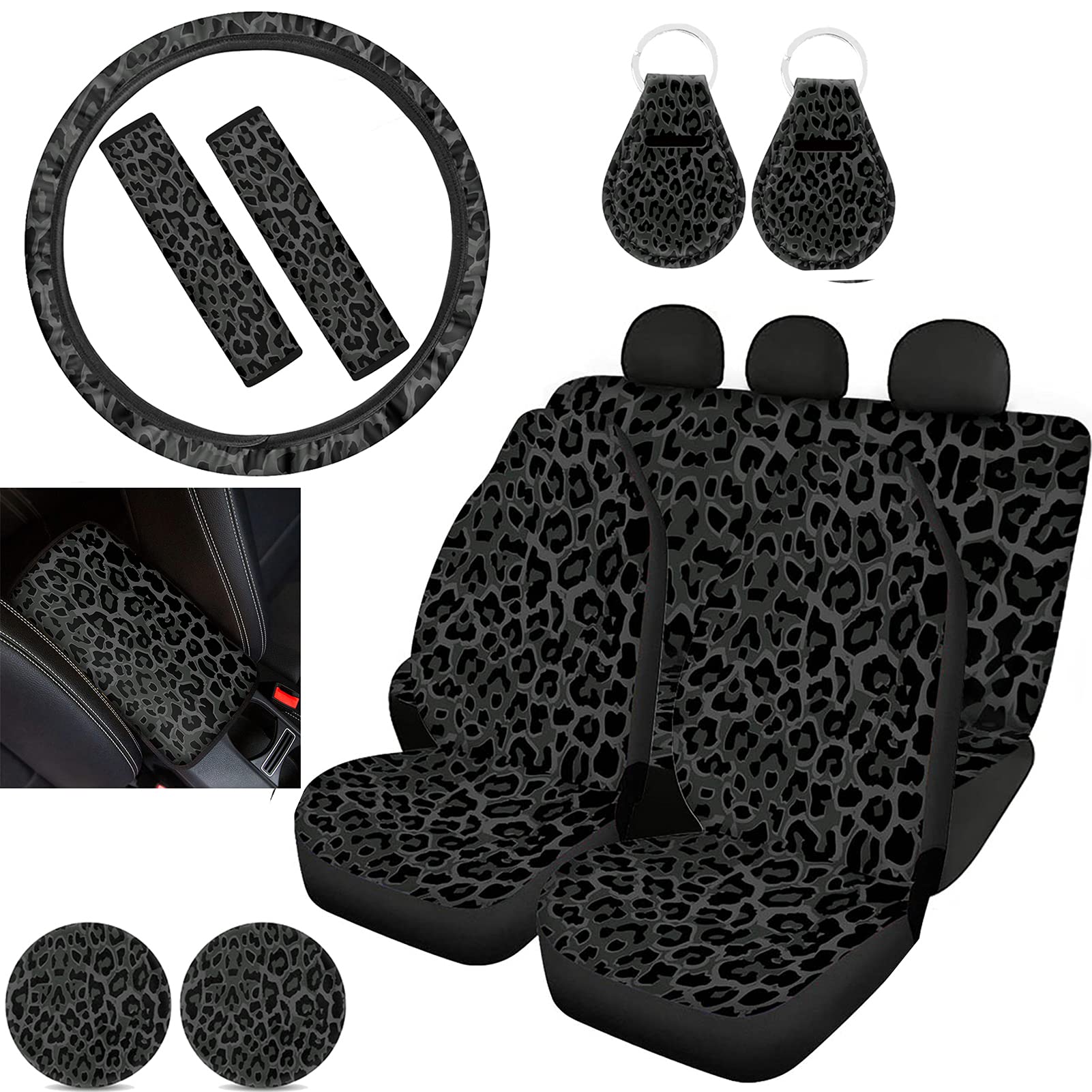 Black Leopard Print Car Seat Covers Set - 12pcs Universal Auto Accessories Kit with Steering Wheel Cover, Seatbelt Pads, Console Protector & Cup Holder Coasters | Perfect for SUV, Sedan, Truck Interior Protection & Style Upgrade