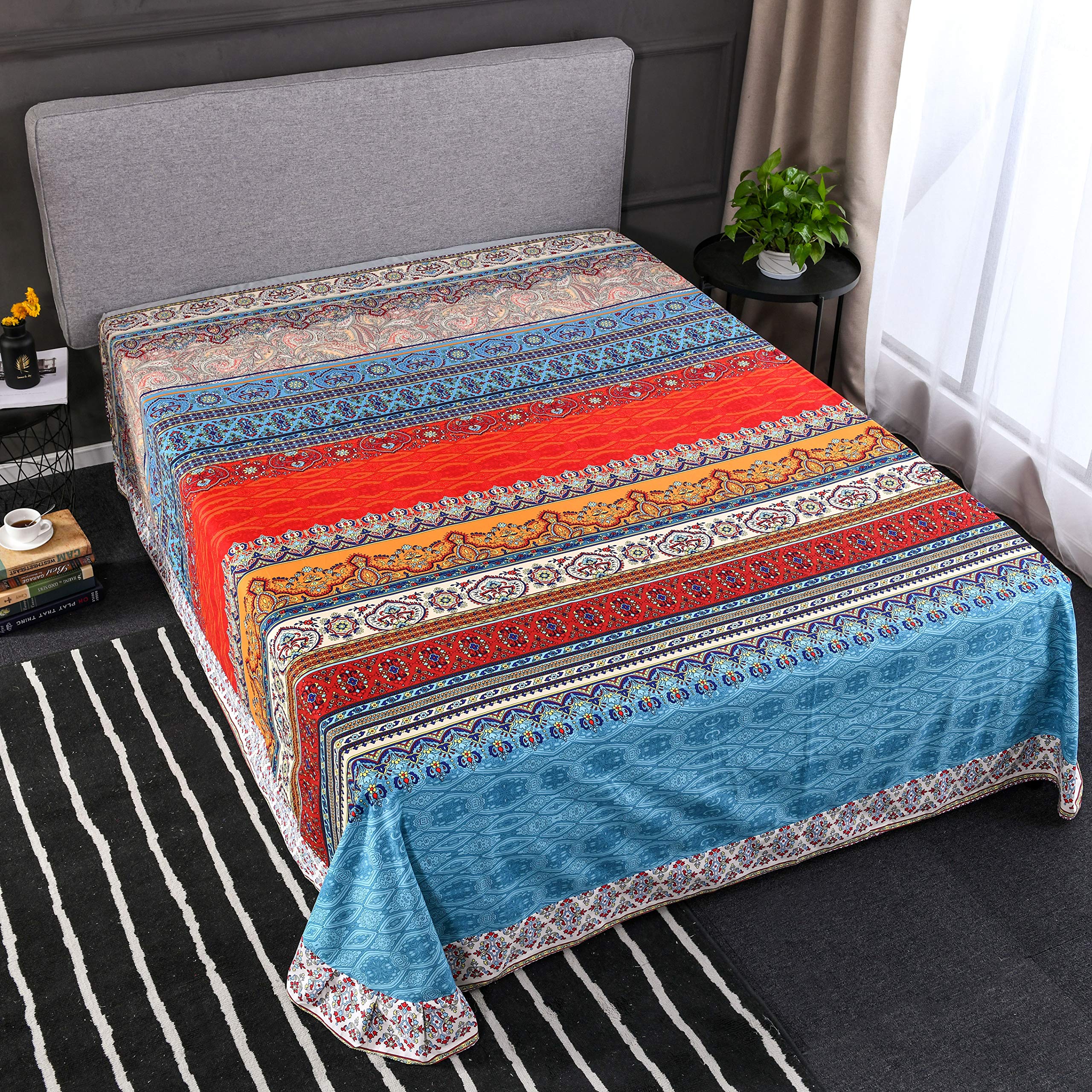 Bohemian Exotic Striped Queen Size Flat Sheet - Soft Brushed Cotton Boho Bedding for Cozy Bedroom Decor | Perfect for Guest Rooms, Dorms & Bohemian Style Homes