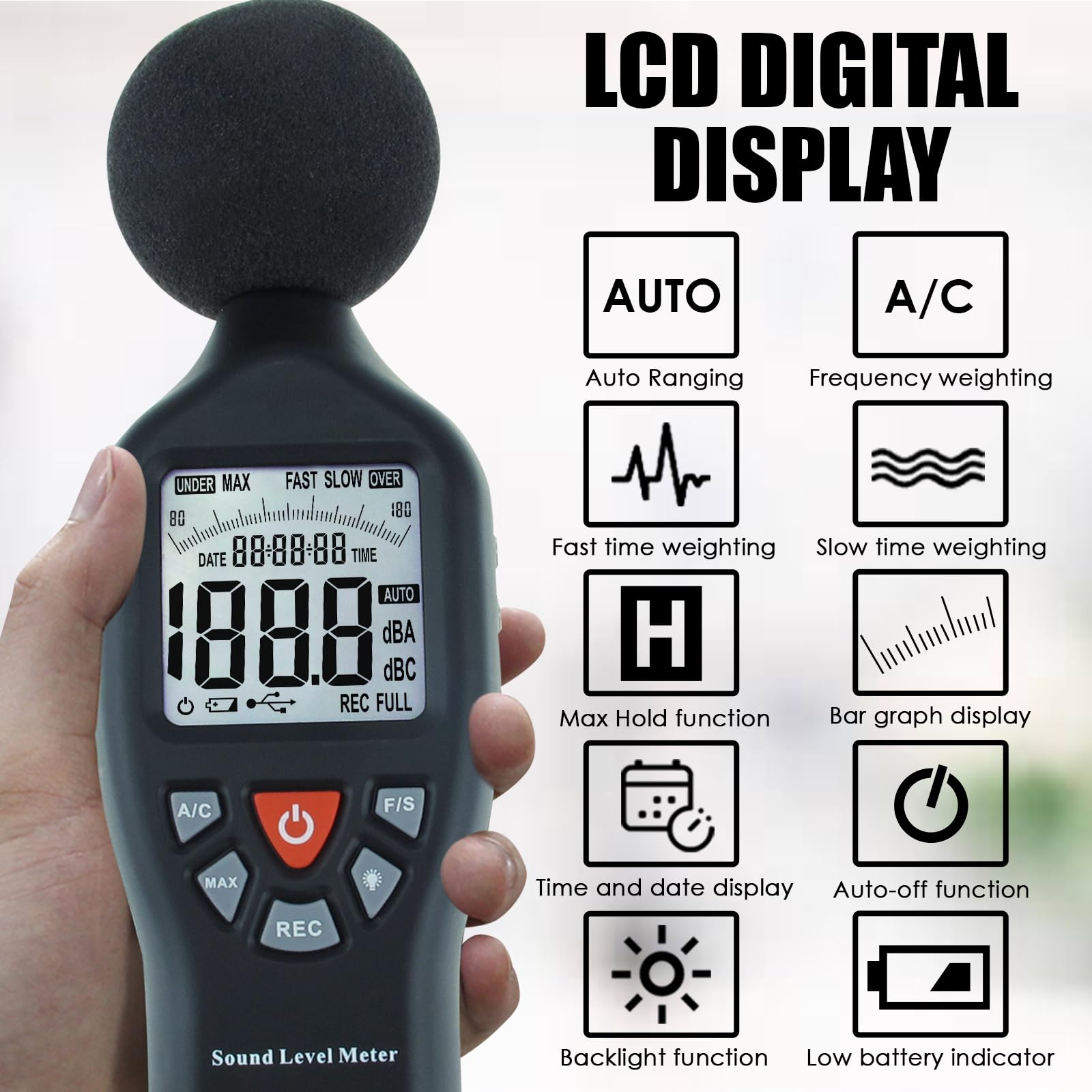 Professional Decibel Meter Sound Level Tester 30-130dB with Data Logger & Backlit LCD - Noise Measurement for Home, Workplace, and Industrial Use - Includes CD Software for Audio Analysis