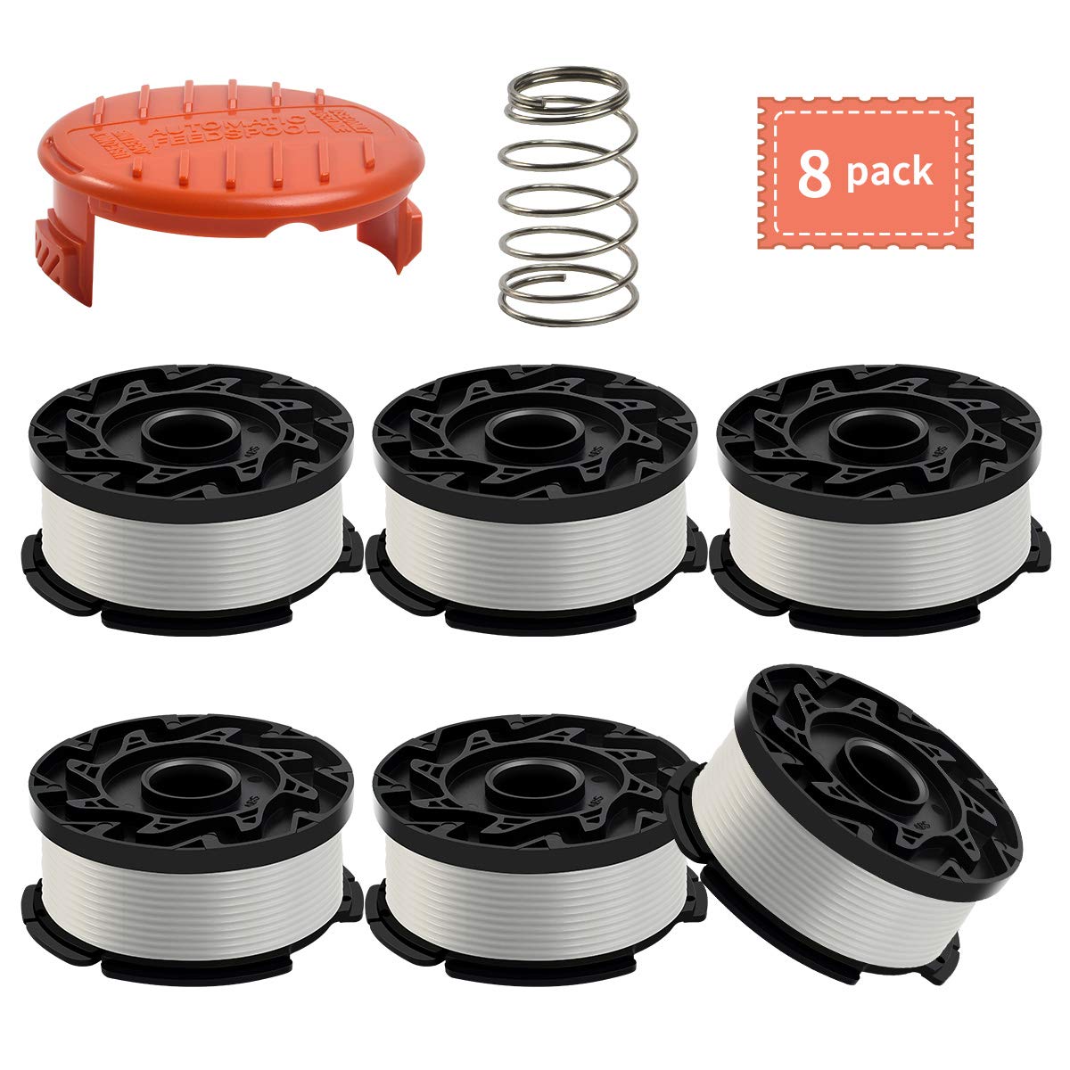 Black and Decker AF-100 String Trimmer Line Replacement - 6 Spools with Cap & Spring Included - Compatible with Trimmers and Edgers - Perfect for Lawn Care, Yard Maintenance, and Landscaping