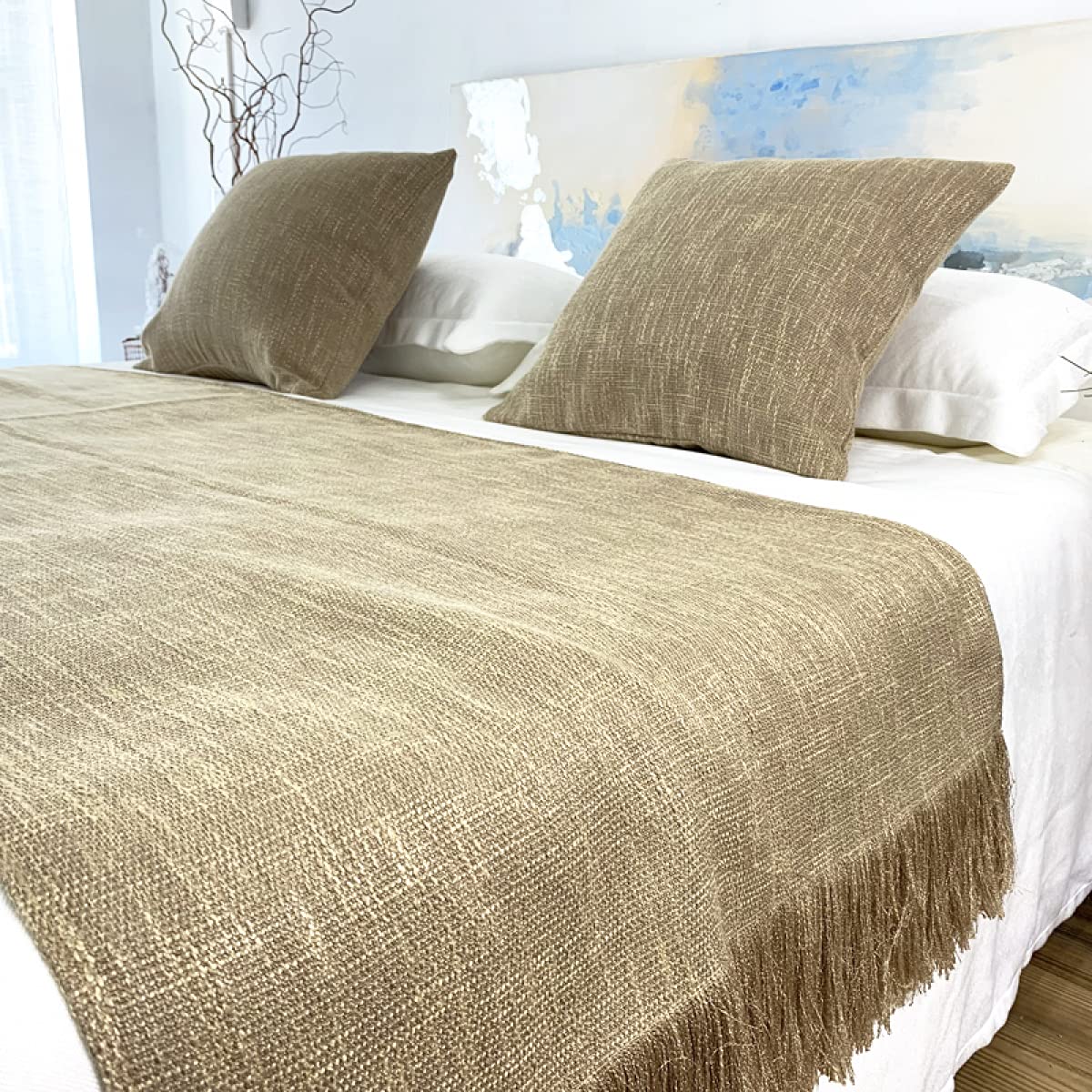 Modern Tassel Bed Runner Scarf & Pillowcase Set - Queen/King Size Bedspread Coverlet - Elegant Home Decor for Bed Cover, Foot of Bed Throw - Perfect for Master Bedroom, Guest Room & Hotel Decor