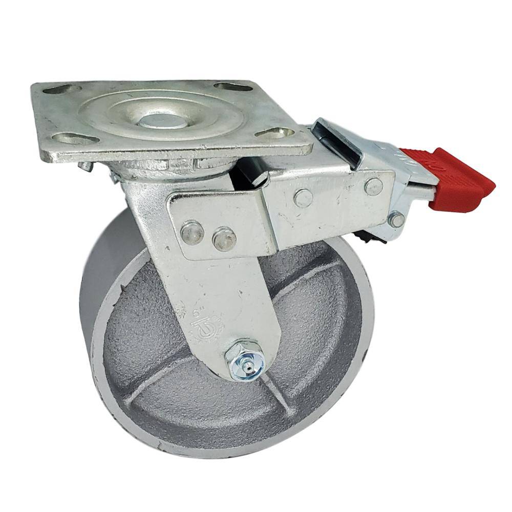 6 x 2 Inch Heavy Duty Semi-Steel Swivel Caster Wheels with Total Lock Brake - 1200 lbs Capacity - for Industrial Carts, Workbenches, and Warehouse Equipment