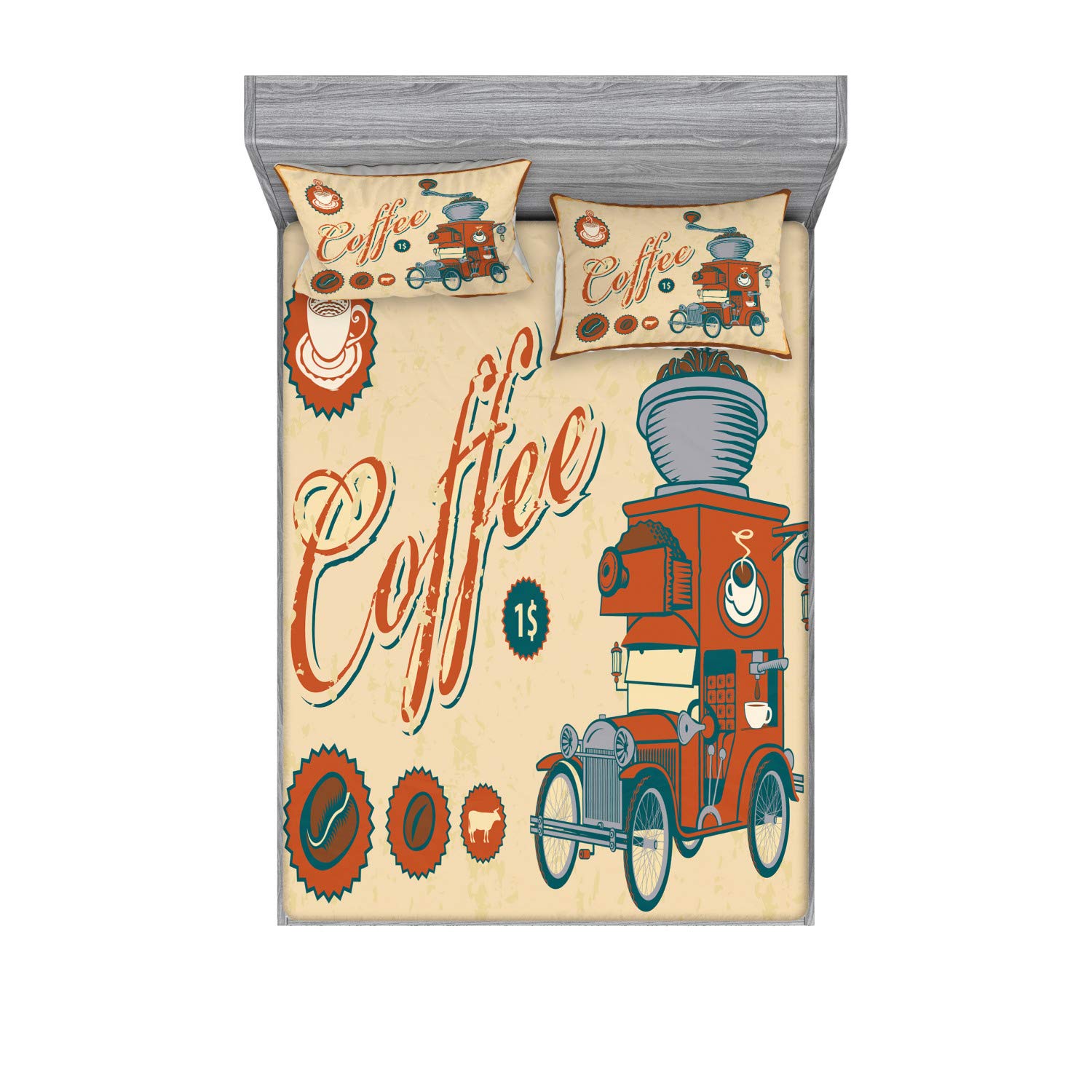 Ambesonne Vintage Truck & Coffee Grinder 3-Piece Bedding Set - Full Size Fitted Sheet & Pillow Shams in Cream Orange Grey | Retro Commercial Design for Cozy Bedroom Decor | Perfect for Farmhouse, Rustic or Industrial Style Homes