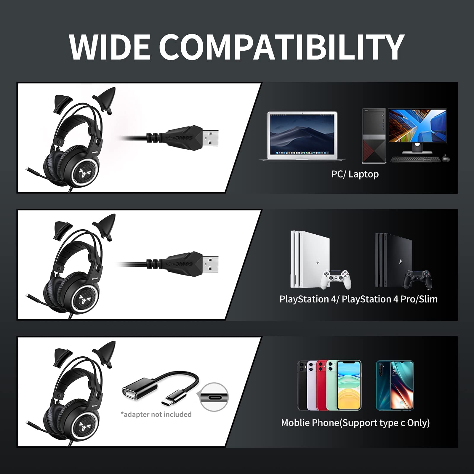 SOMIC G951 Black Cat Ear Gaming Headset with 7.1 Virtual Surround Sound, LED Lights & Headphone Stand - Lightweight PC, PS4, Laptop Headphones for Women & Girls - Perfect for Gaming, Streaming & Online Classes