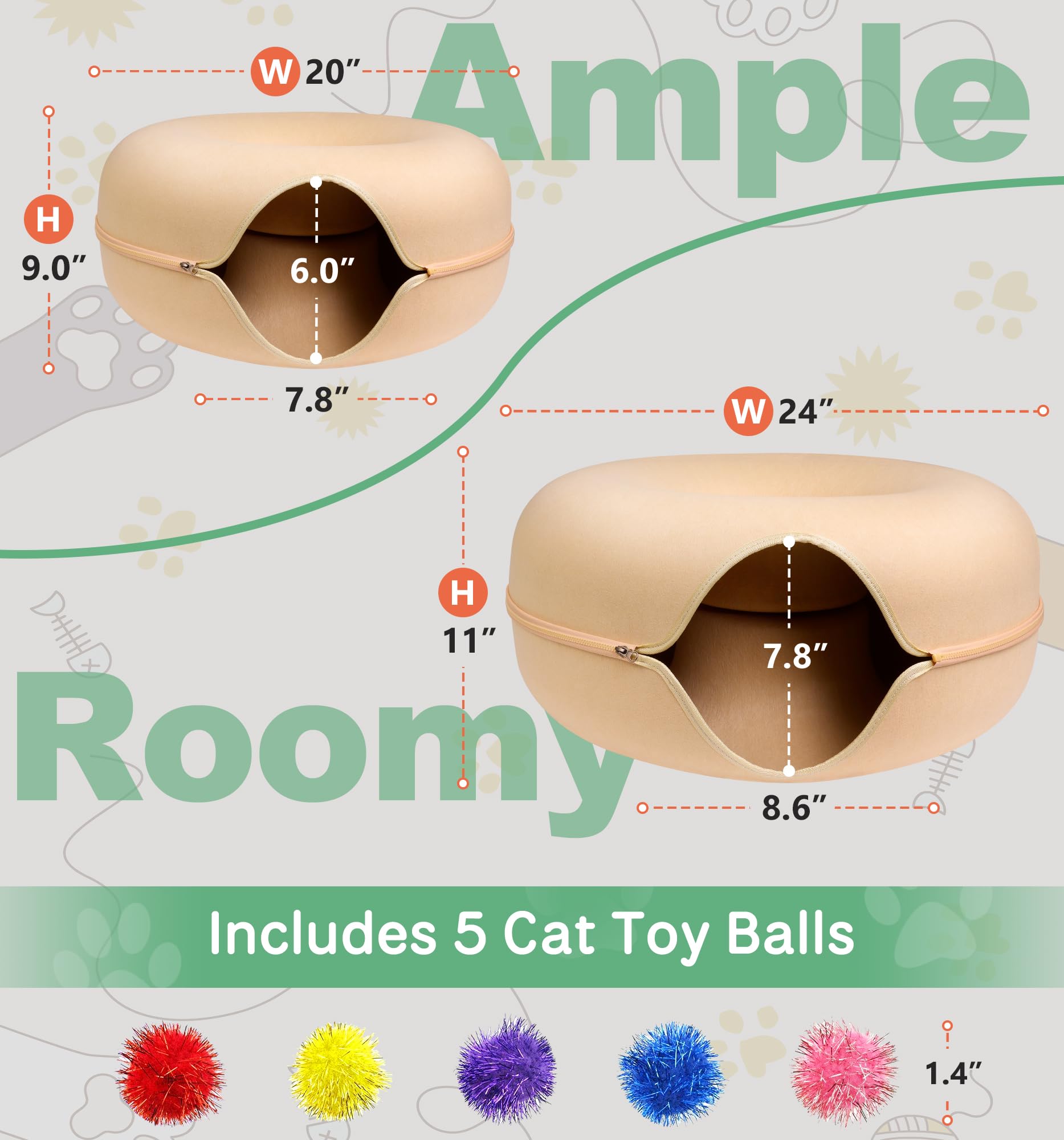Peekaboo Cat Cave for Multiple & Large Cats - Washable & Detachable Scratching Donut Bed for Indoor Cats Up to 9 lbs - Cozy Cat Tunnel Bed in Yellow - Perfect for Napping, Playtime & Multi-Cat Households