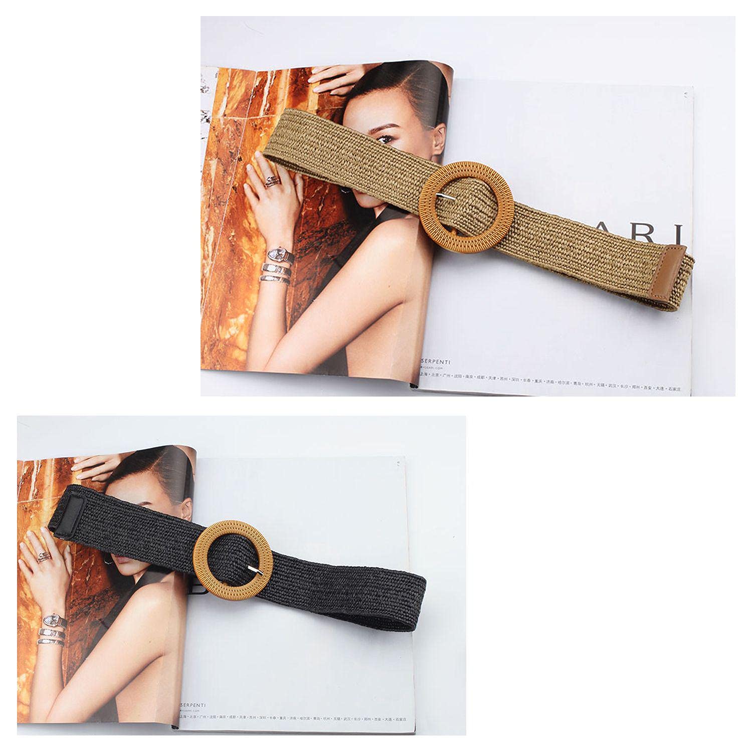 2 Pack Knitted Straw Elastic Belts for Women - Adjustable Waist Belt for Dresses, Jeans & Sweaters - Black & Khaki - Perfect for Casual Outfits, Office Wear & Summer Fashion