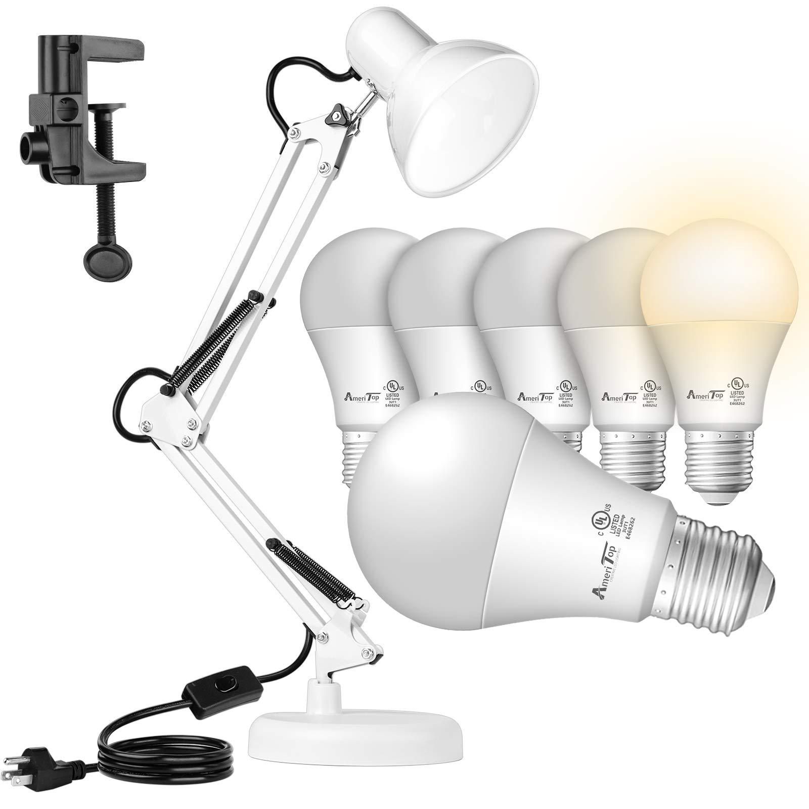 AmeriTop Adjustable Metal Desk Lamp with Interchangeable Base/Clamp & 6-Pack 3000K Warm White A19 LED Bulbs - Perfect for Home Office, Study, Reading, and Bedroom Lighting
