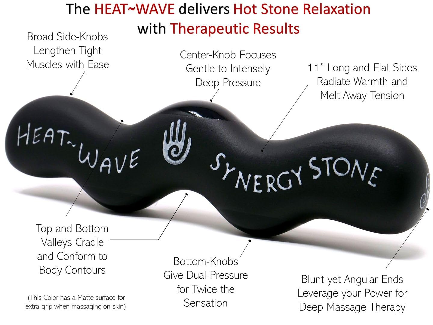 Heat-Wave (Basalt Black) Synergy Stone - Hot Stone Massage Tool for Neck, Back, Legs & Feet - Natural Matte Surface for Skin with Oil - Relaxing & Therapeutic - Perfect for Spa, Home Massage & Self-Care