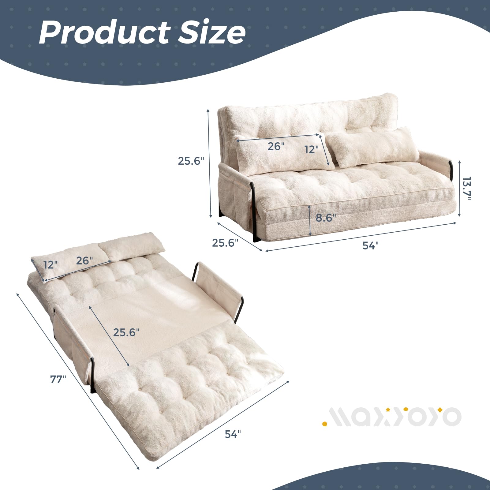MAXYOYO Adjustable Floor Sofa Couch with 2 Pillows - Boucle Convertible Lazy Sofa Sleeper Bed with Armrest - Double Size Beige Fabric - Perfect for Small Spaces, Living Rooms & Guest Beds
