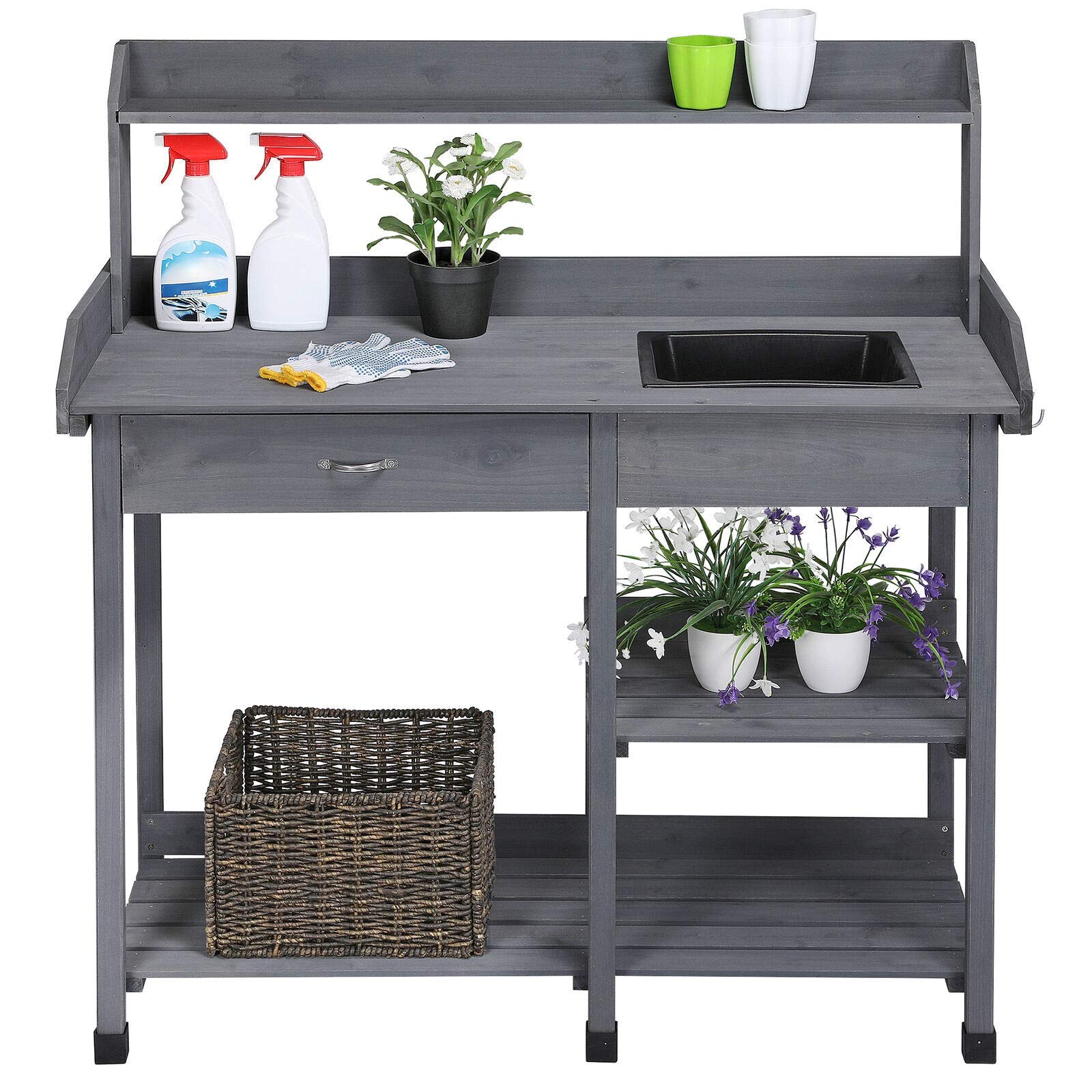 Heavy Duty Potting Bench with Shelf, Sink & Drawer - Sturdy Outdoor Garden Work Table for Planting, Potting & Gardening - Perfect for Backyard, Greenhouse & Patio Use