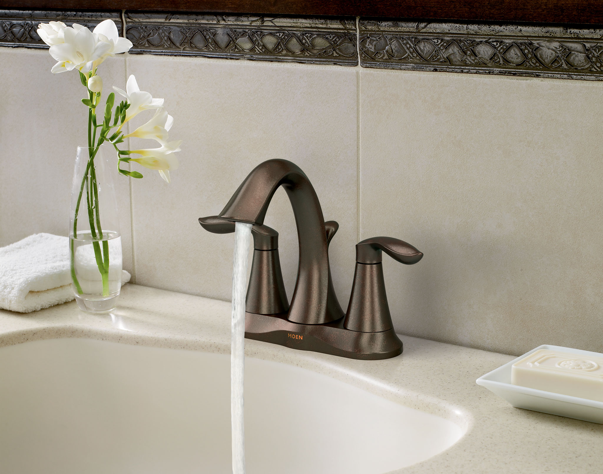 Eva Chrome Two Handle High Arc Bathroom Faucet - Modern Waterfall Spout for Sink Vanity, Bath & Powder Room - Perfect for Home, Hotel & Commercial Use