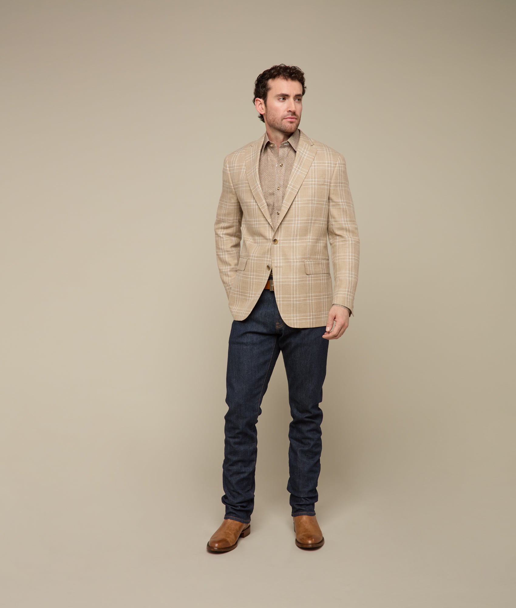 Lucchese Men's Beige & Light Blue Plaid Sport Coat - Classic Casual Blazer for Business, Office & Outdoor Events