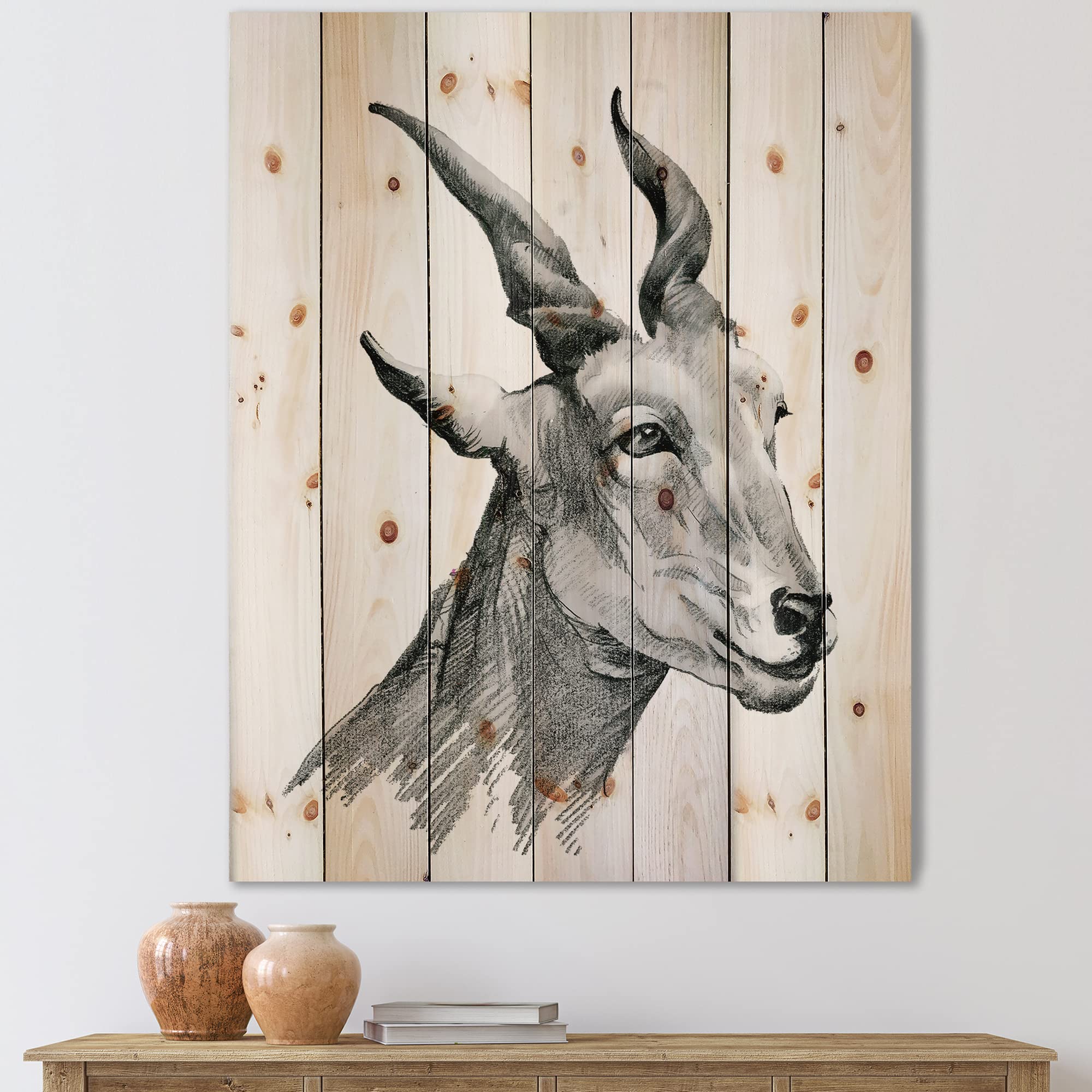 Farmhouse Wood Wall Decor - Monochrome Goat Portrait on Natural Pine Wood, Large Animal Wall Art for Rustic Home & Cabin Decor | Perfect for Living Room, Bedroom, or Office