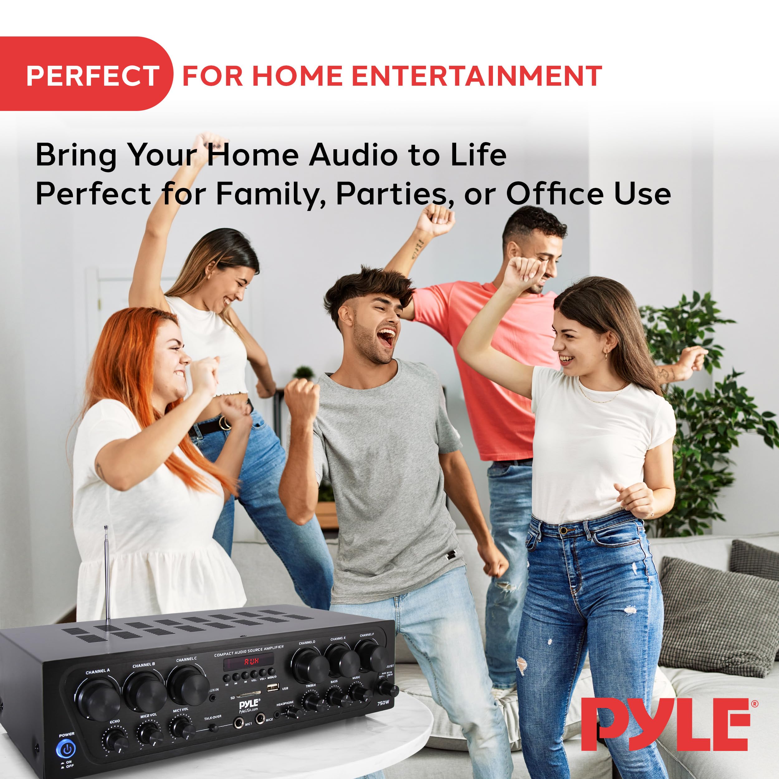 Pyle Wireless Bluetooth Home Audio Amplifier System - 6 Channel 750W Power Stereo Receiver with USB, Micro SD, Headphone Jack & Dual Mic Inputs with Echo, Talkover - Perfect for Home Theater, Karaoke Parties & PA Systems - PTA62BT.5