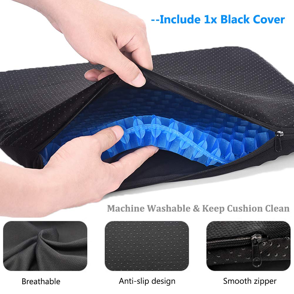 Gel Seat Cushion for Office Chair & Car - Double Thick Honeycomb Design with Non-Slip Cover - Pressure Relief & Breathable Comfort for Home, Wheelchair & Long Sitting (Blue) - Perfect for Work, Driving & Pain Relief