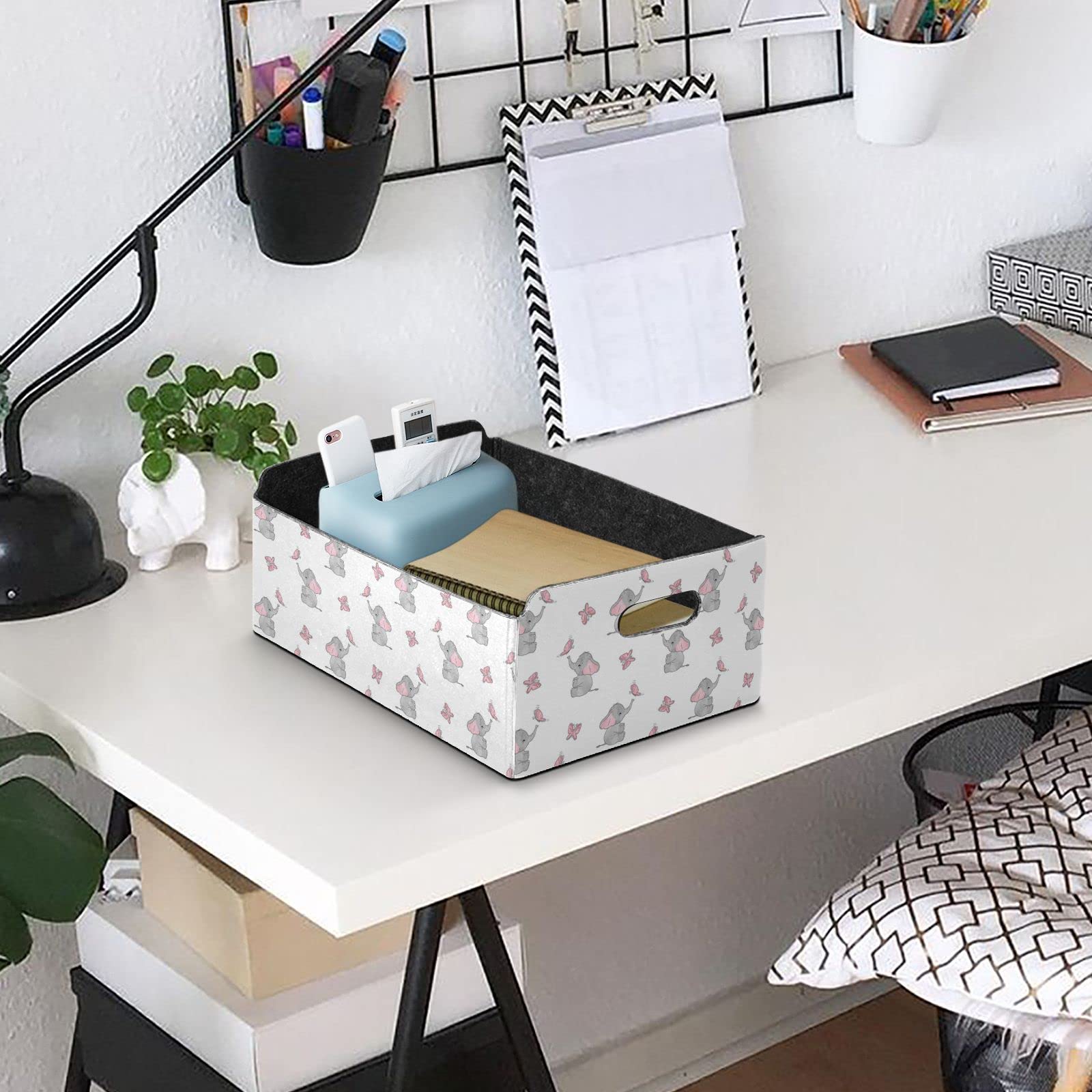 Elephant & Butterfly Design Rectangular Felt Desk Organizer Tray - Detachable Storage Plate for Jewelry, Vanity & Counter Tissues | Foldable Valet Tray for Home Office Organization (Perfect for Makeup, Keys & Small Accessories)