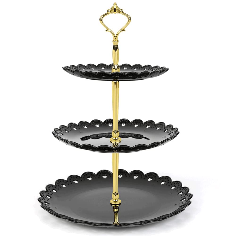 MINGT 3-Tier Black Plastic Cake Stand - Elegant Dessert Display for Cupcakes, Pastries & Tea Party Serving | Perfect for Weddings, Birthday Parties & Afternoon Tea Events