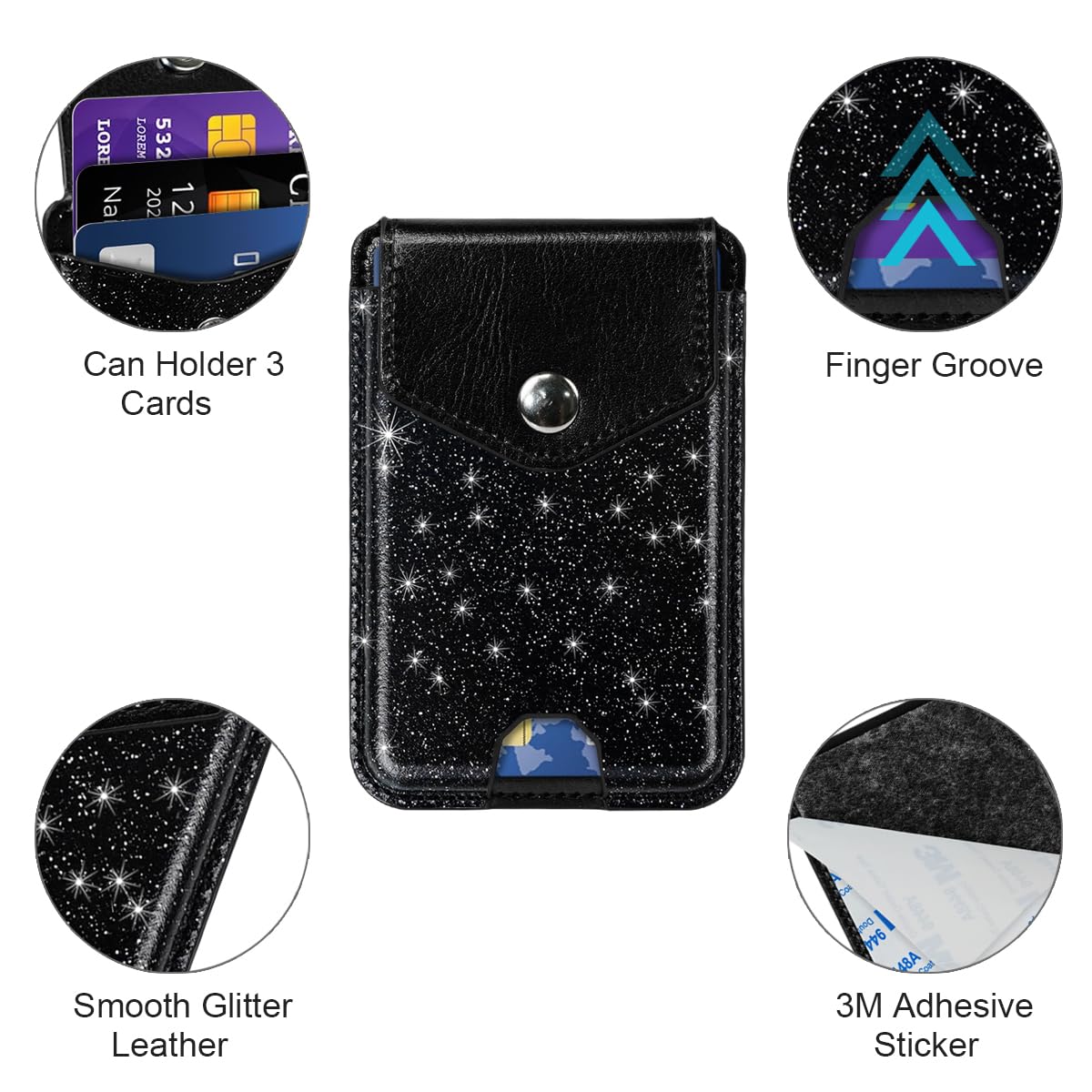 Self Adhesive Card Holder for Phone Back - Leather RFID Blocking Phone Wallet with Snap Closure - Glitter Black Card Sleeve for Phone Case - Perfect for Hands-Free Shopping, Travel & Contactless Payments
