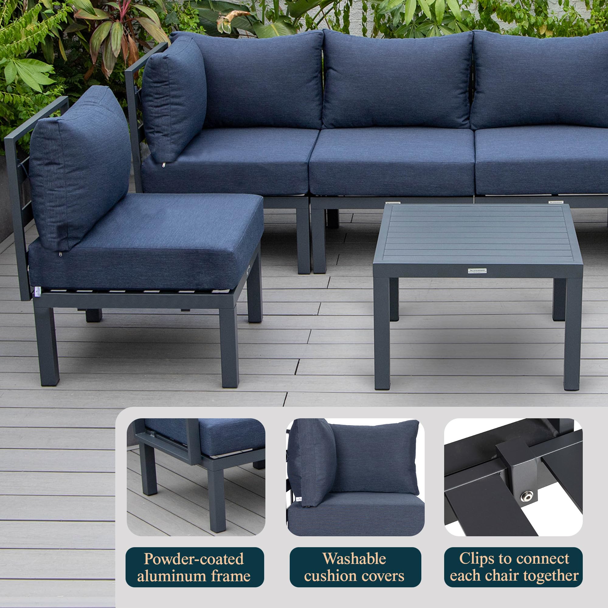 LeisureMod Chelsea 7-Piece Outdoor Patio Conversation Set with Aluminum Sectional Sofa, Weather-Resistant Cushions & Coffee Table - Blue | Perfect for Backyard, Poolside & Garden Relaxation