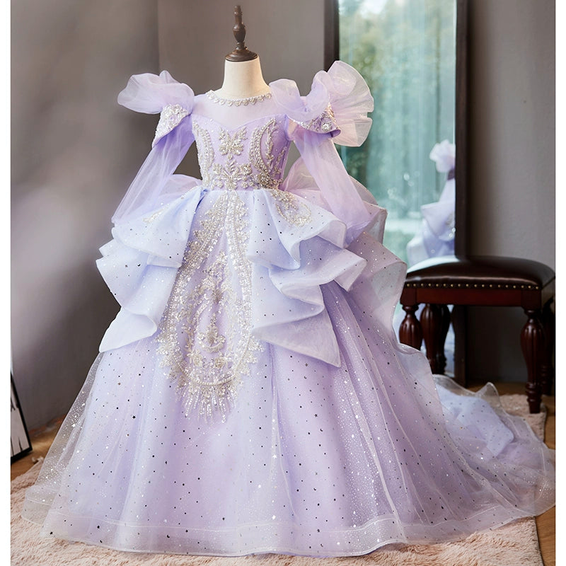 Lilac Princess Round Floor Length Tulle Flower Girl Dress for Weddings, Baptisms & Special Occasions