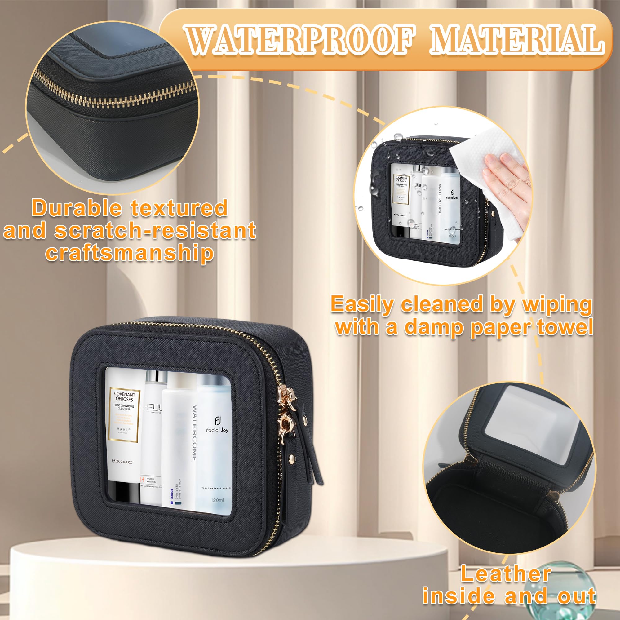 Clear Makeup Bag for Travel - Small Leather Cosmetic Pouch Organizer with Zipper, TSA Approved Waterproof Square Makeup Case for School, Carry-On Essentials (Mini-Black) | Perfect for Airports, Gym & Daily Use