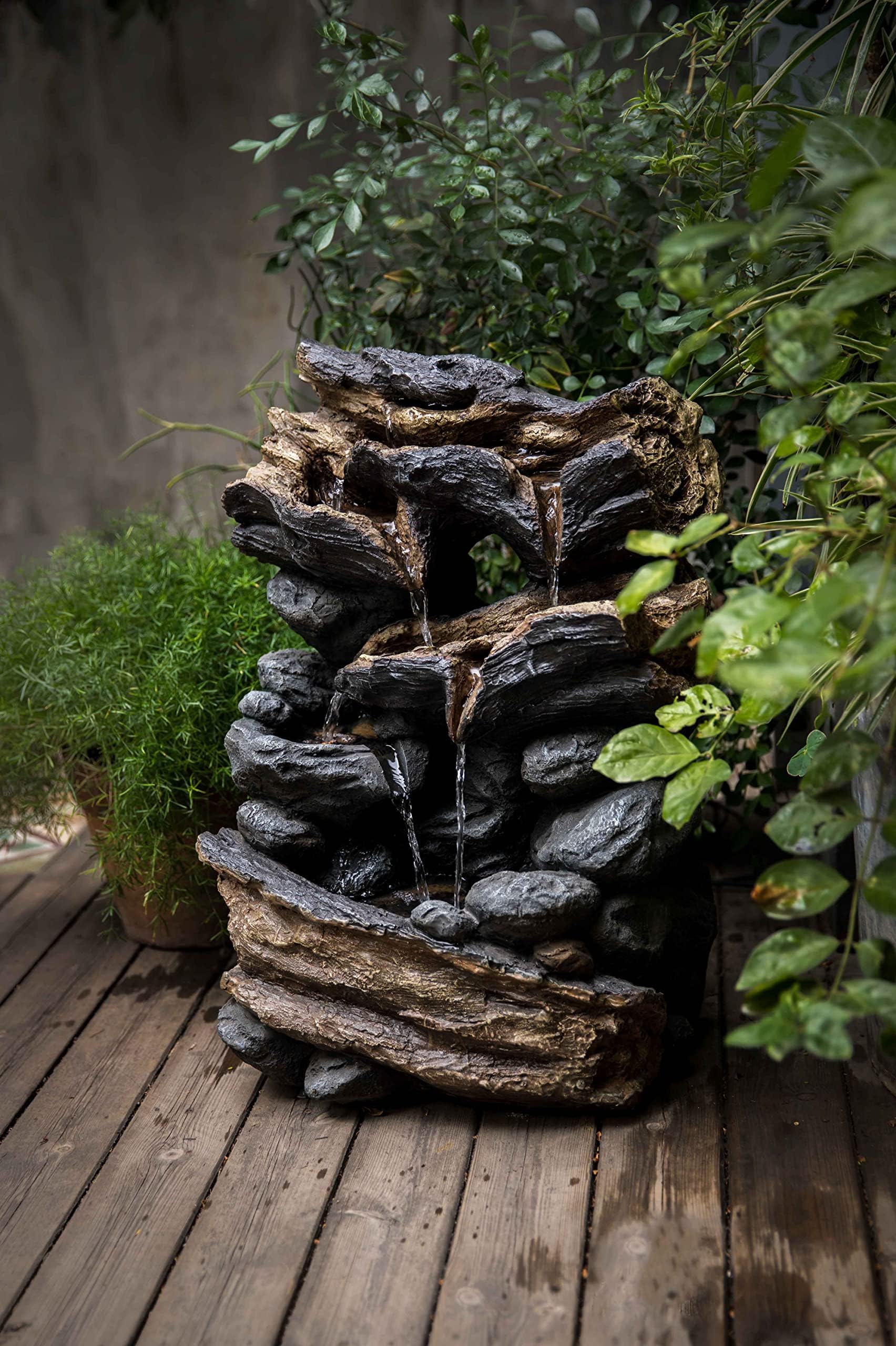 23 Inch Tall Stump Outdoor Freestanding Rock Waterfall Fountain with LED Lights & Pump - Perfect for Garden, Patio, and Backyard Decor
