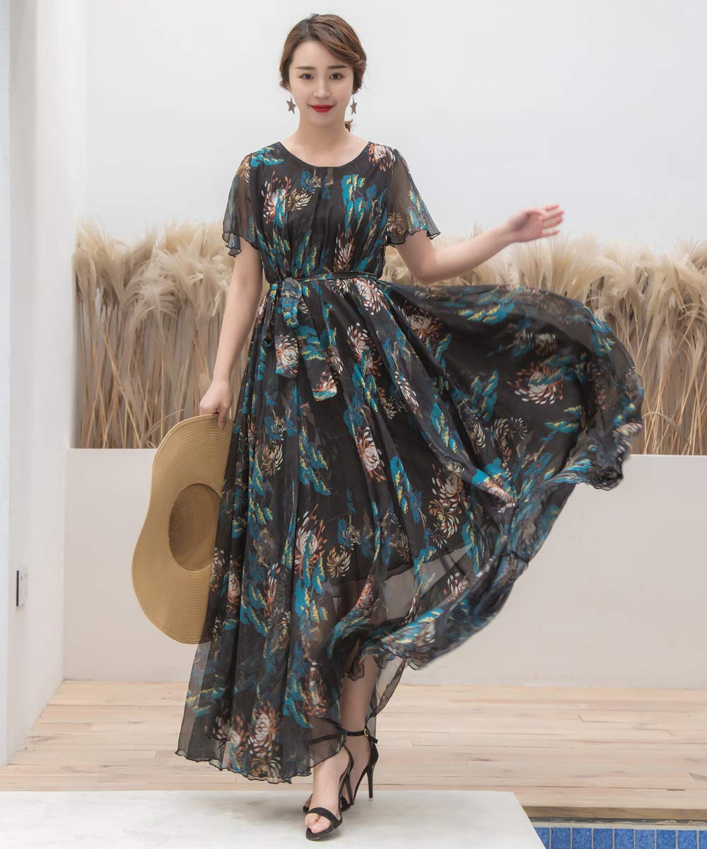 MedeShe Women's Short Sleeve Floral Bohemian Maxi Dress - Summer Beach Dress for Vacation, Party & Casual Wear