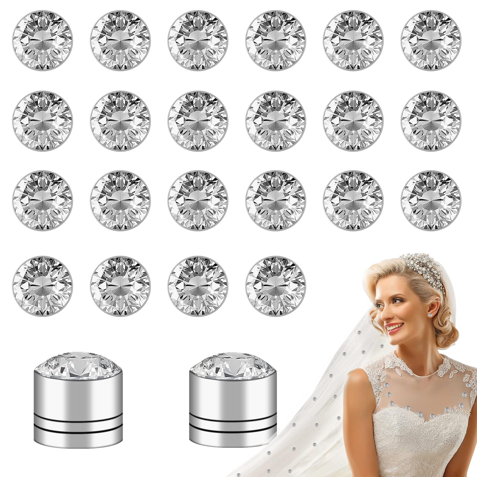 24-Piece Magnetic Rhinestone Veil Weights for Wedding Dress & Bridal Veil Accessories - Elegant Magnetic Diamonds for Securing Veils in Windy Conditions - Perfect for Outdoor Weddings, Beach Ceremonies & Formal Events