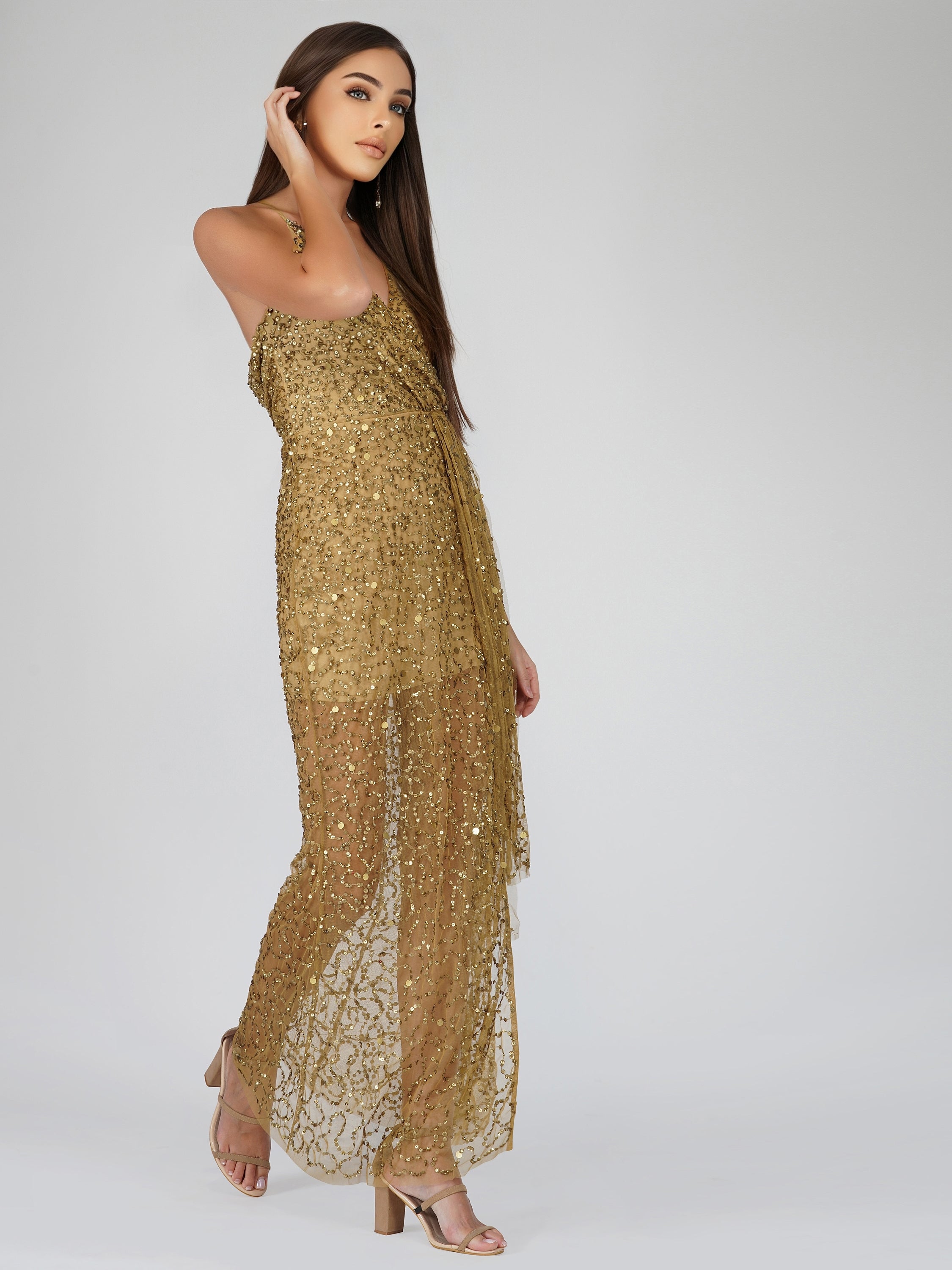 Gold Sequin Maxi Dress for Women - Elegant Evening Gown for Parties, Prom, Weddings & Special Occasions | Nair